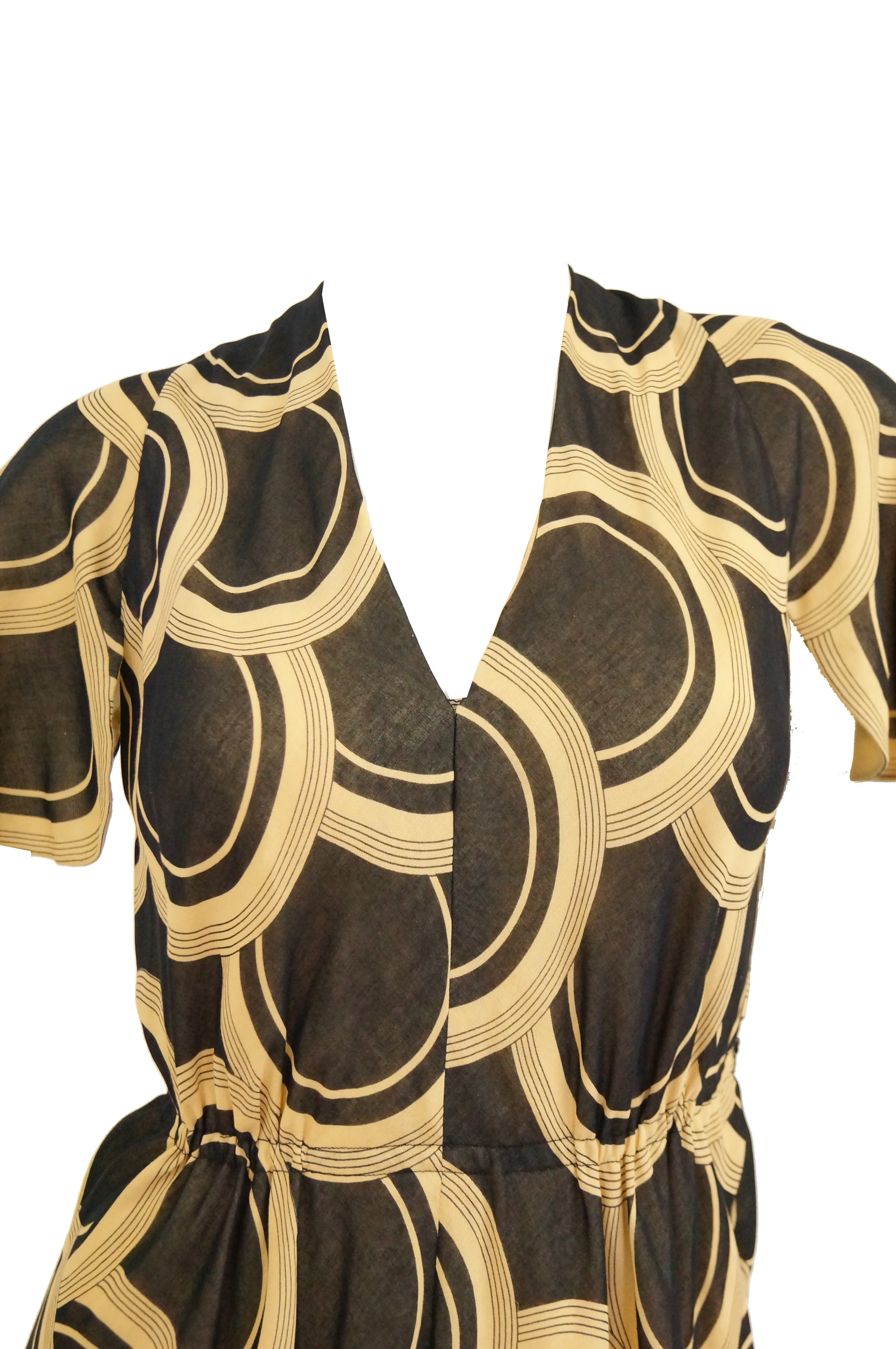 1960s Pauline Trigere Circle OP Art Cotton Dress w/ Scalloped Sleeve & Scarf