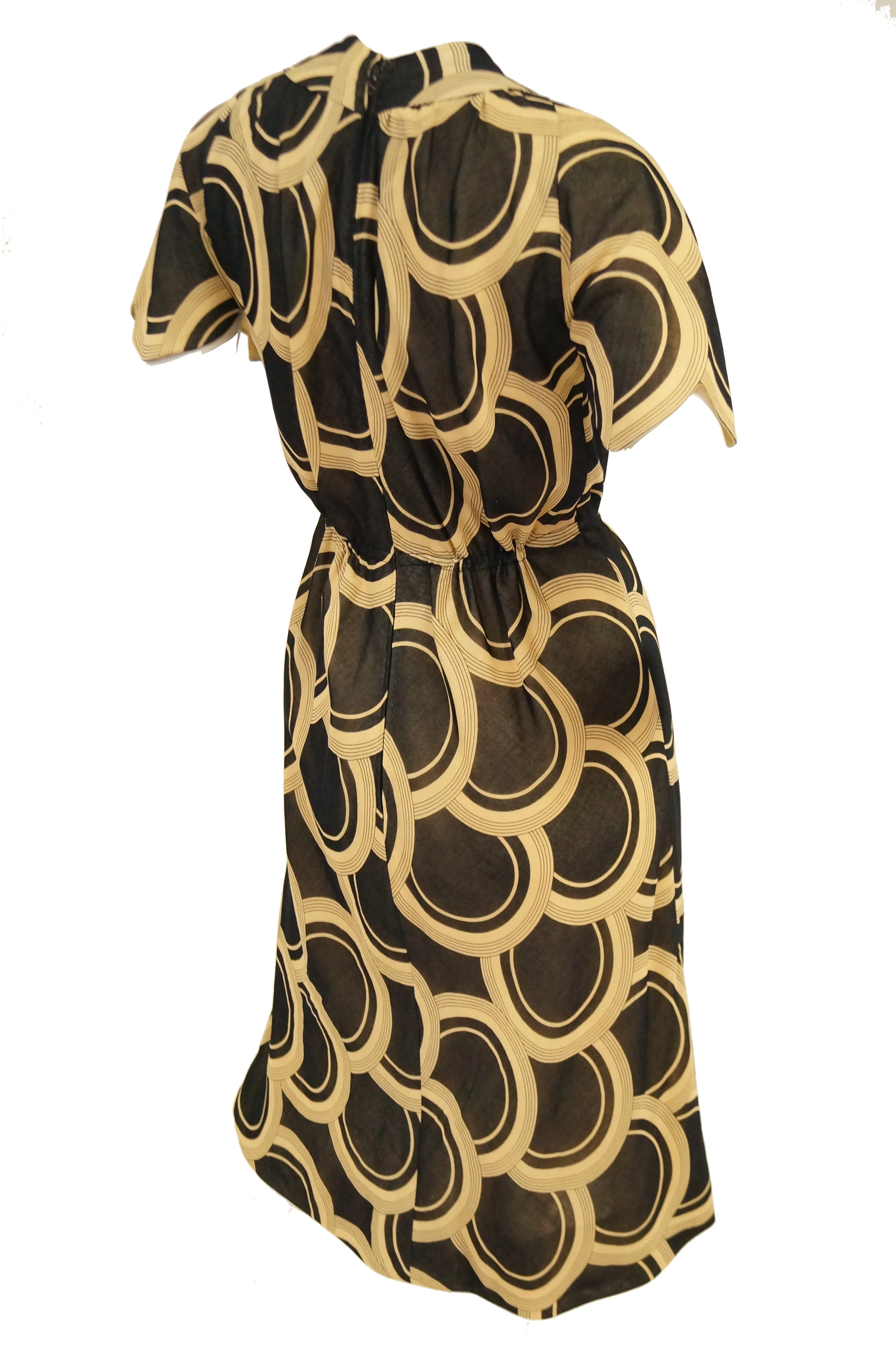 1960s Pauline Trigere Circle OP Art Cotton Dress w/ Scalloped Sleeve & Scarf