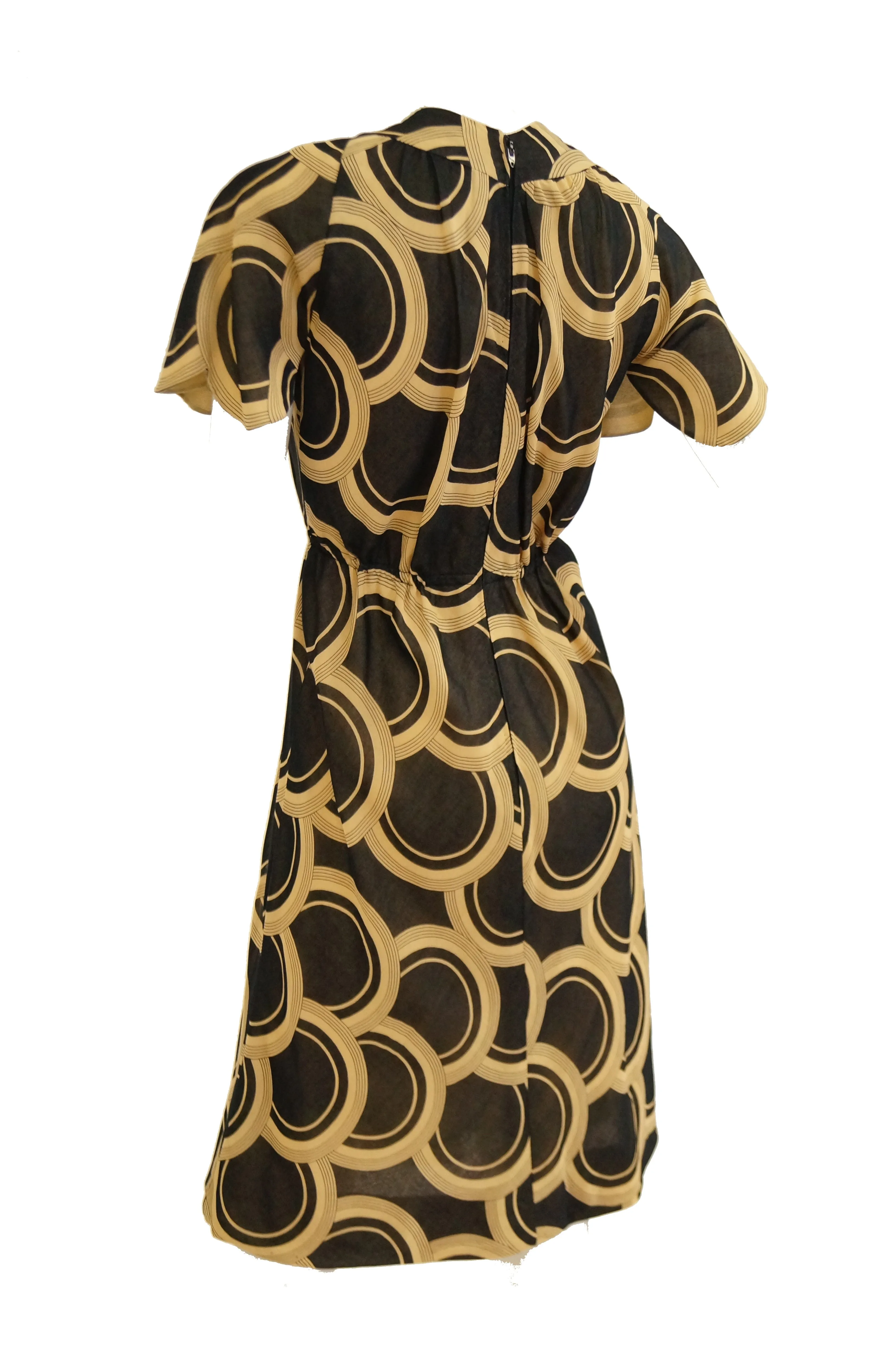 1960s Pauline Trigere Circle OP Art Cotton Dress w/ Scalloped Sleeve & Scarf