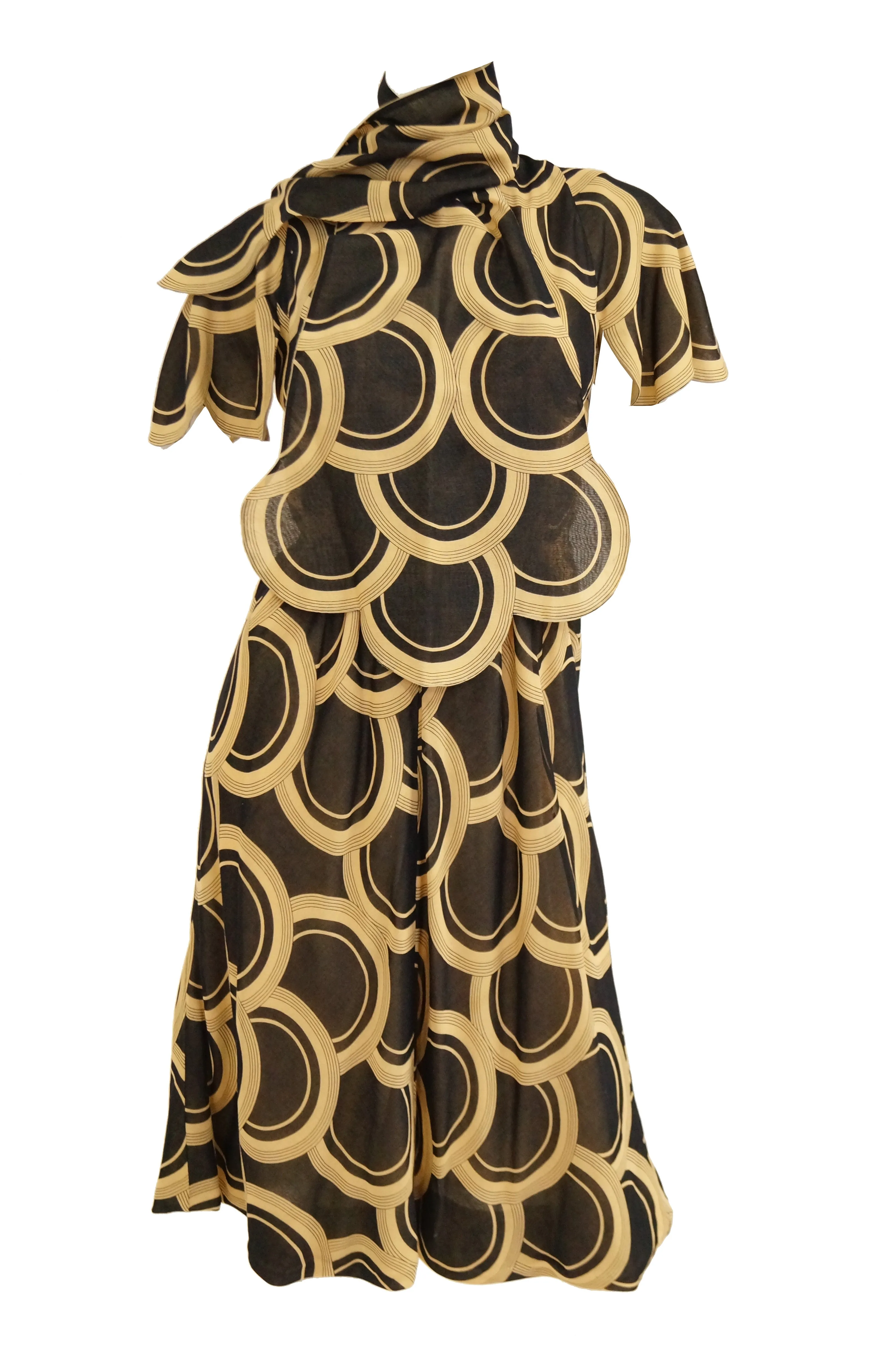 1960s Pauline Trigere Circle OP Art Cotton Dress w/ Scalloped Sleeve & Scarf