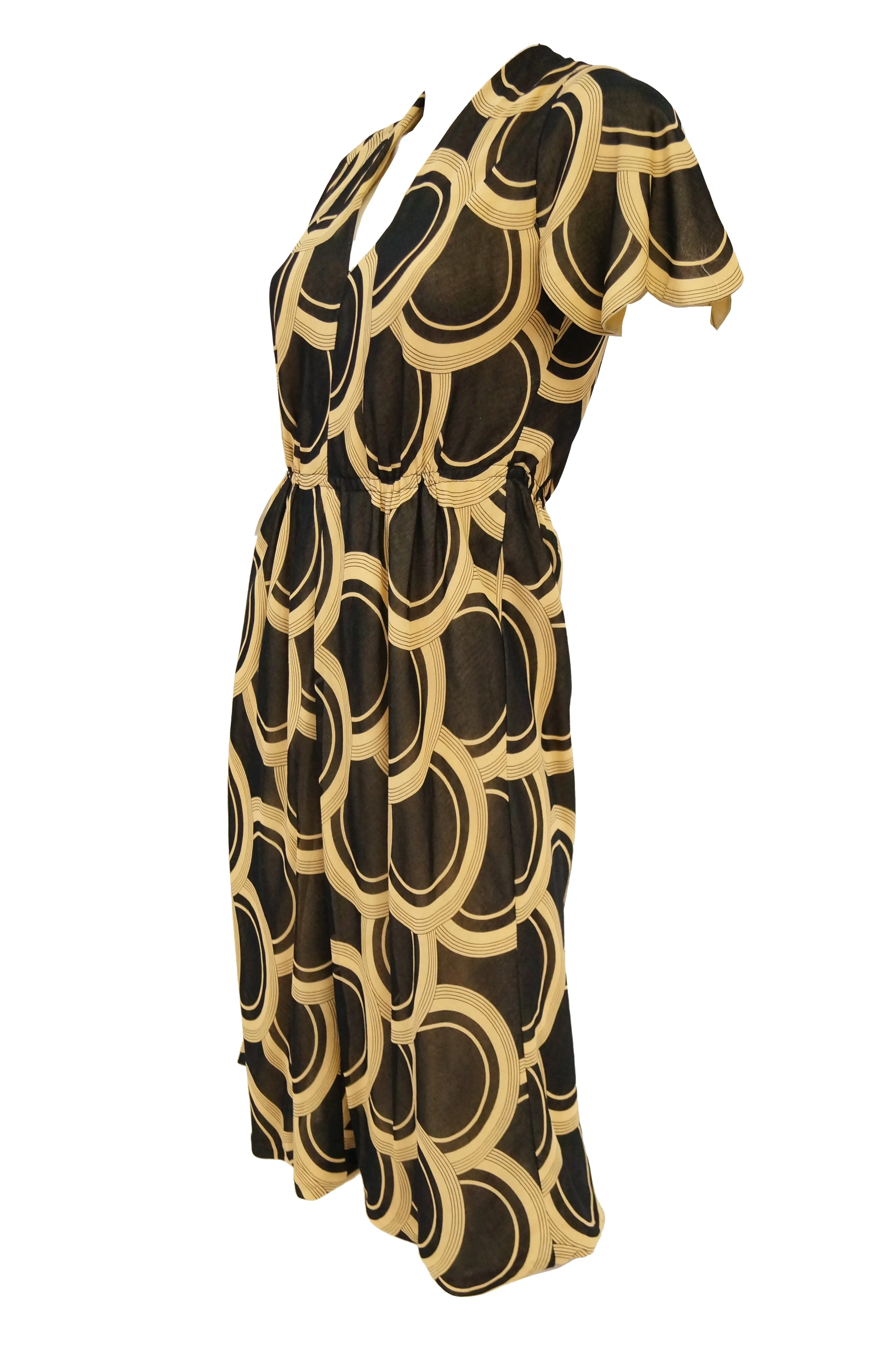 1960s Pauline Trigere Circle OP Art Cotton Dress w/ Scalloped Sleeve & Scarf
