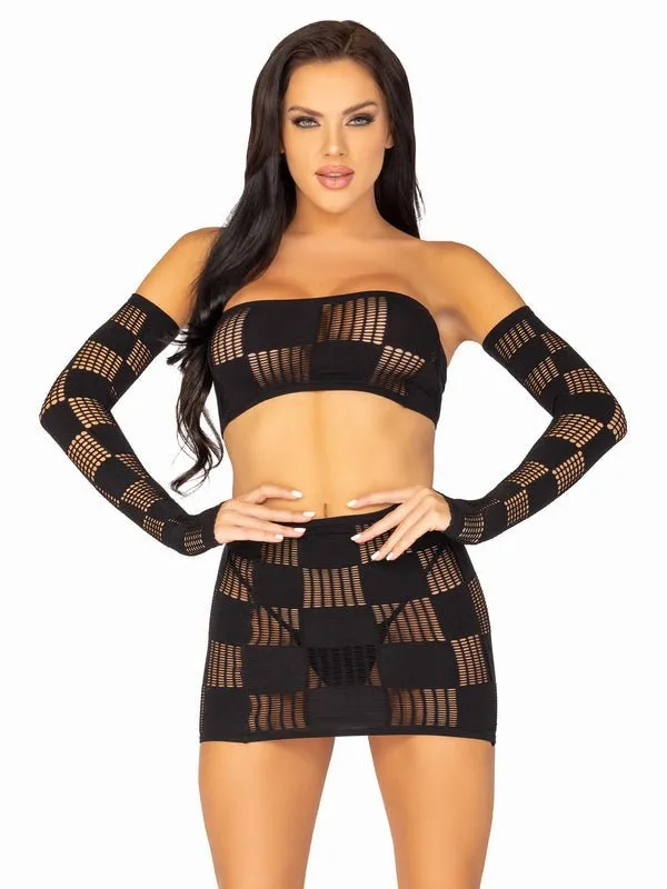 3 PC Checkerboard Bandeau, Skirt, Arm Warmers Black