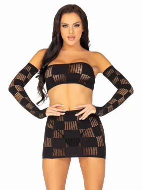 3 PC Checkerboard Bandeau, Skirt, Arm Warmers Black