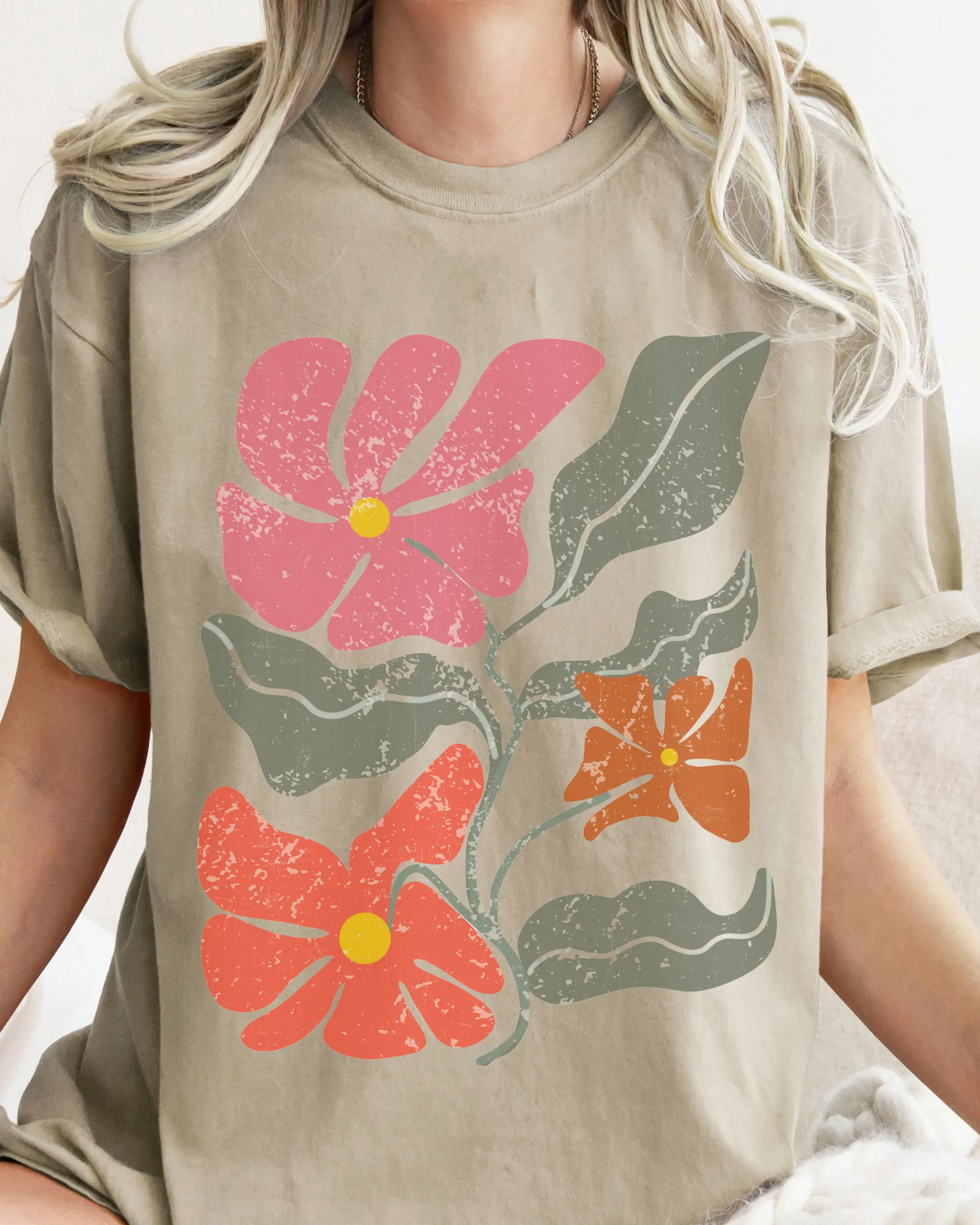Abstract Boho Flowers Comfort Colors T-Shirt, Women's Boho Distressed-Look Design, Folk Art Design T-Shirtf