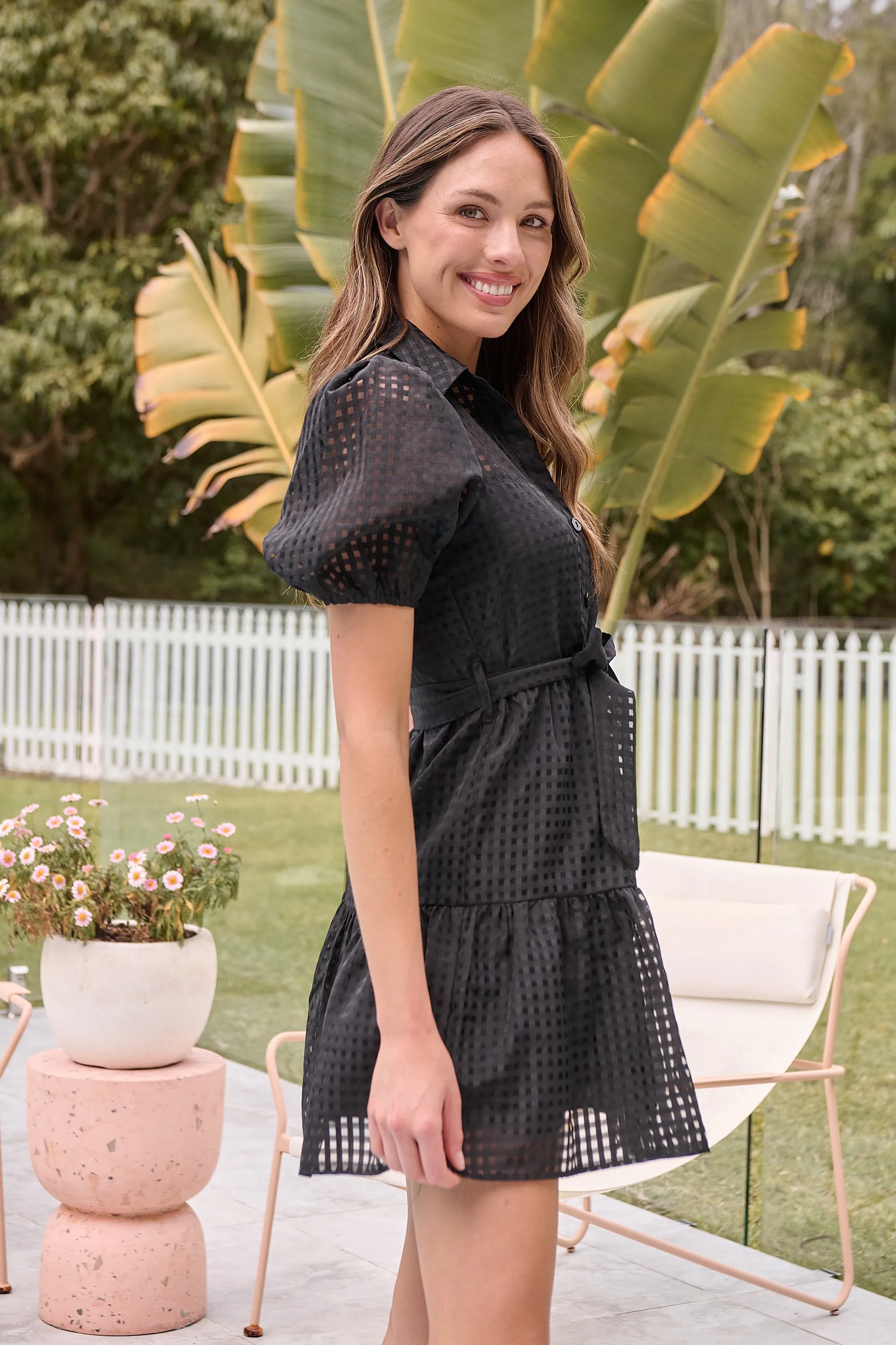Adalyn Bell Sleeve Black Mesh Print Dress