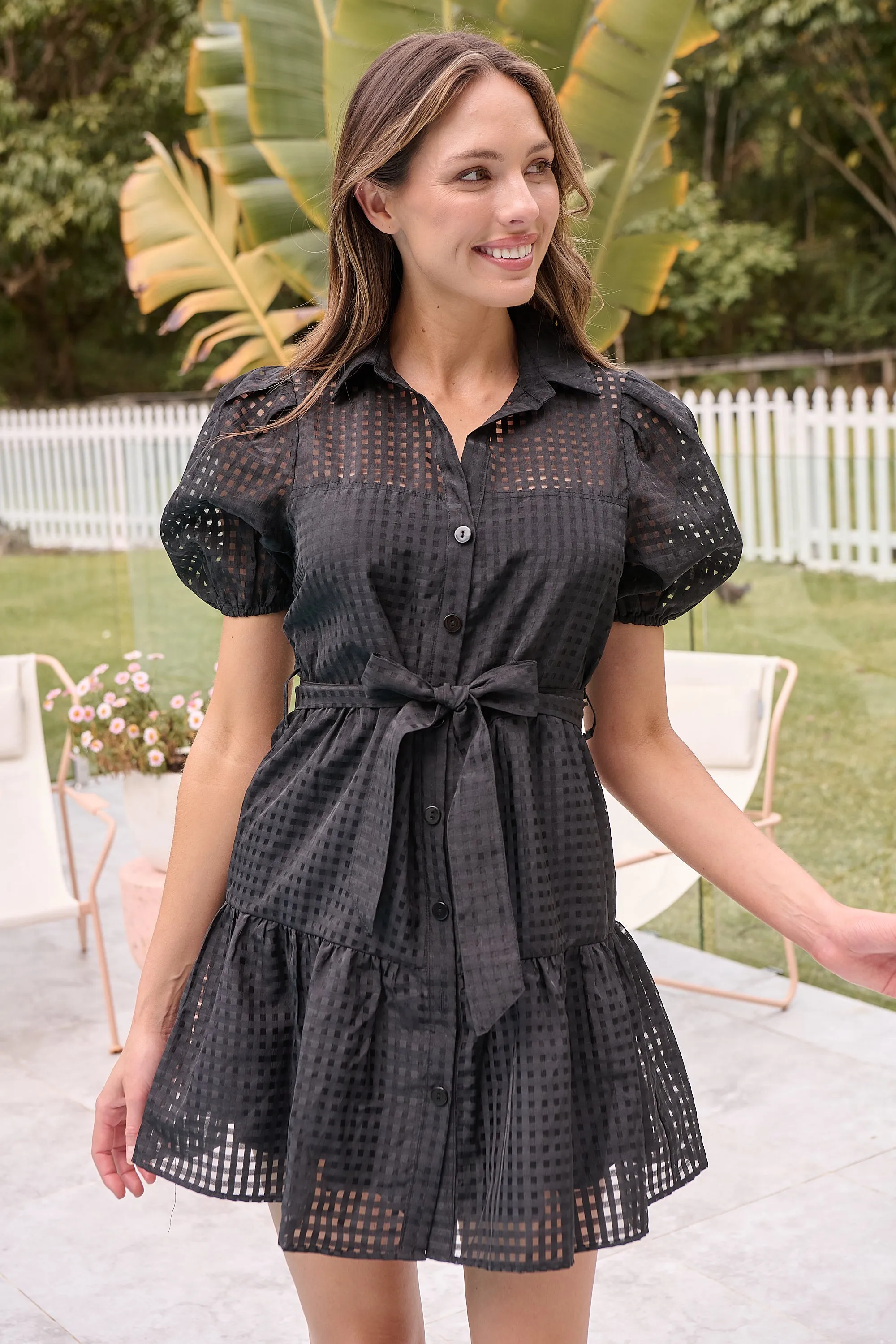 Adalyn Bell Sleeve Black Mesh Print Dress