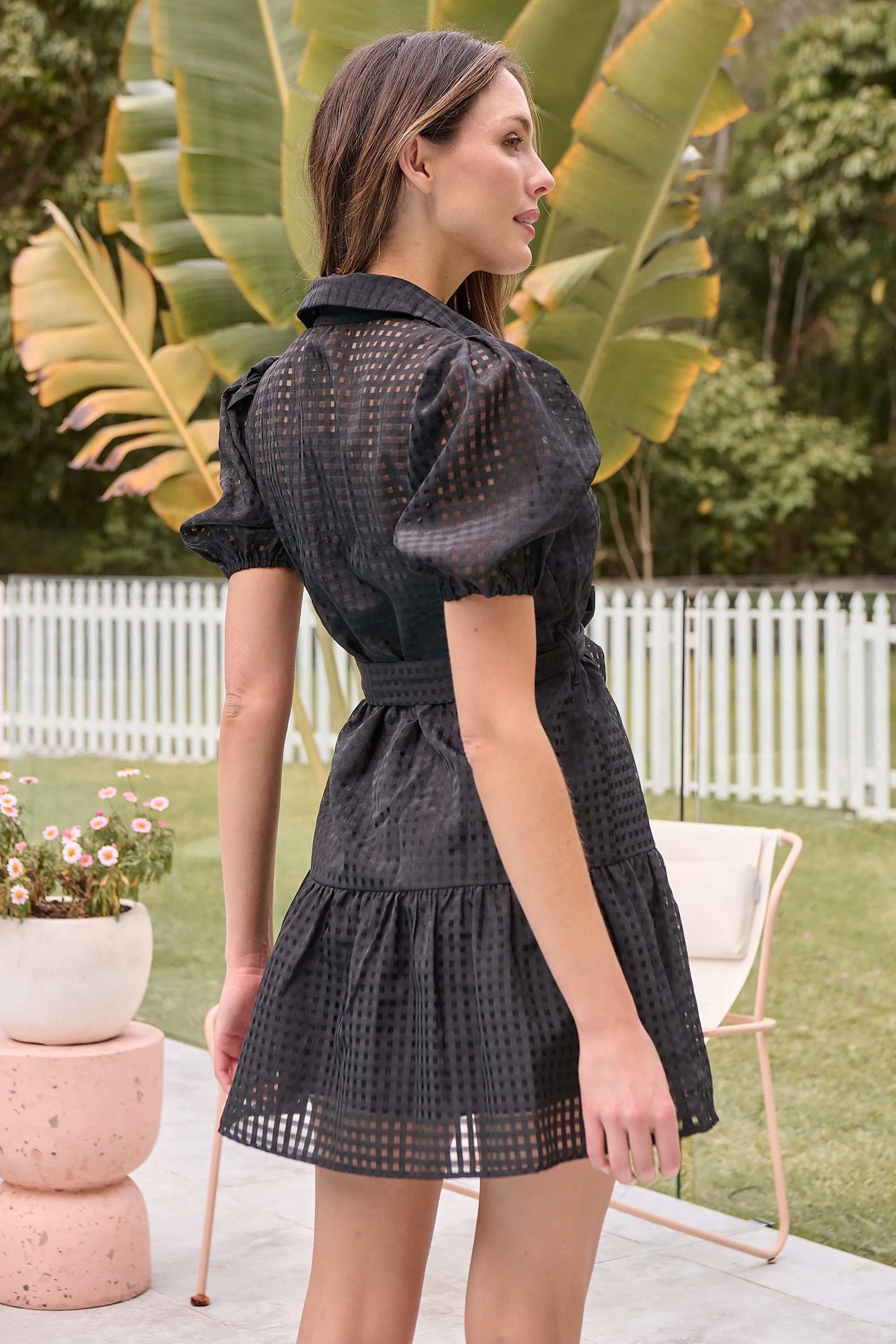 Adalyn Bell Sleeve Black Mesh Print Dress