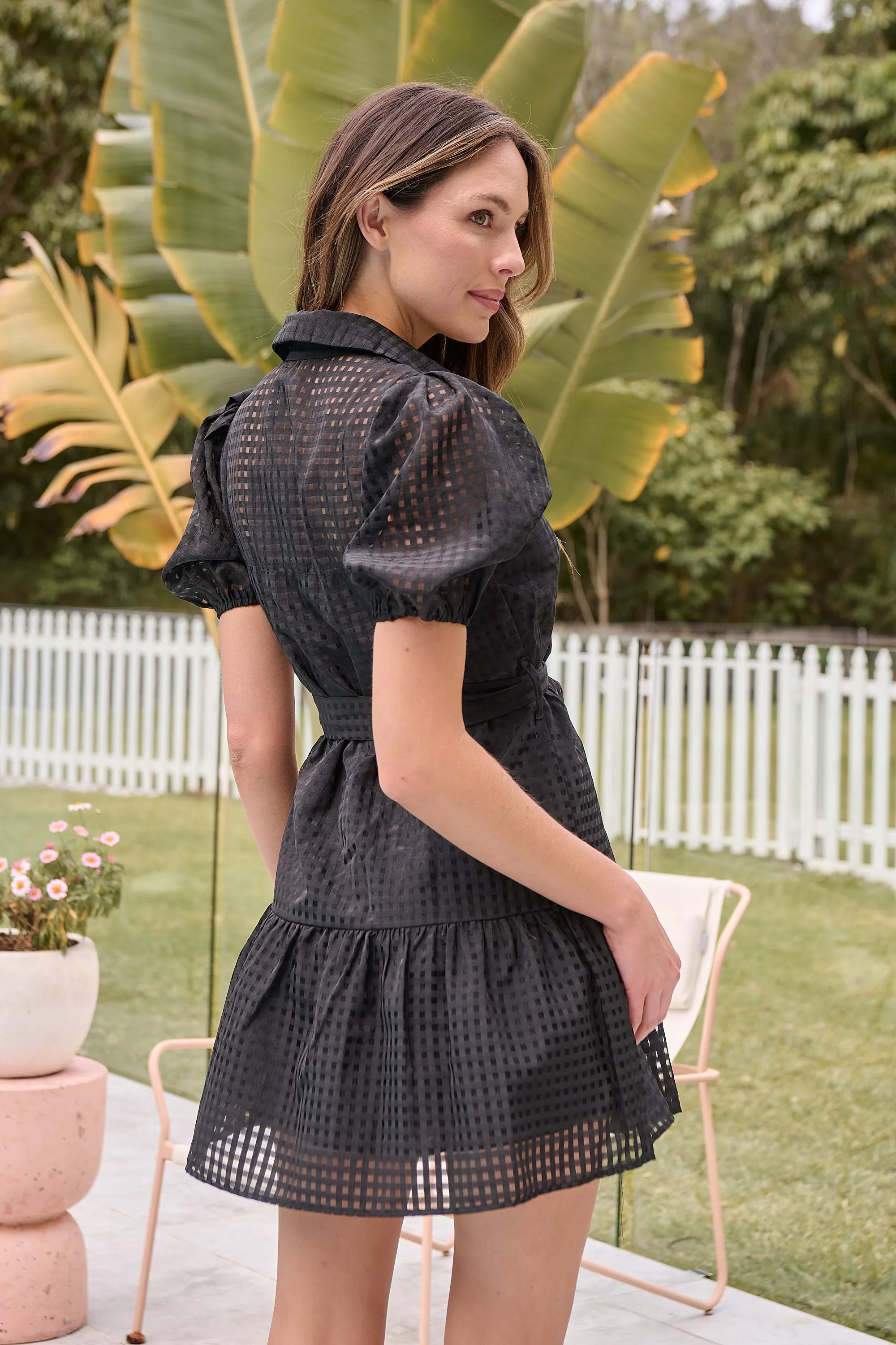Adalyn Bell Sleeve Black Mesh Print Dress