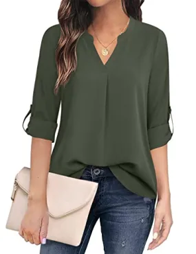 Armygreen Women's Casual Chiffon V Neck 3/4 Sleeve Blouse Tops - Timeson