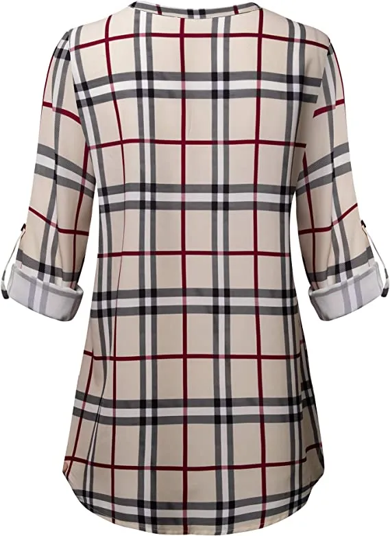 Armygreen Women's Casual Chiffon V Neck 3/4 Sleeve Blouse Tops - Timeson