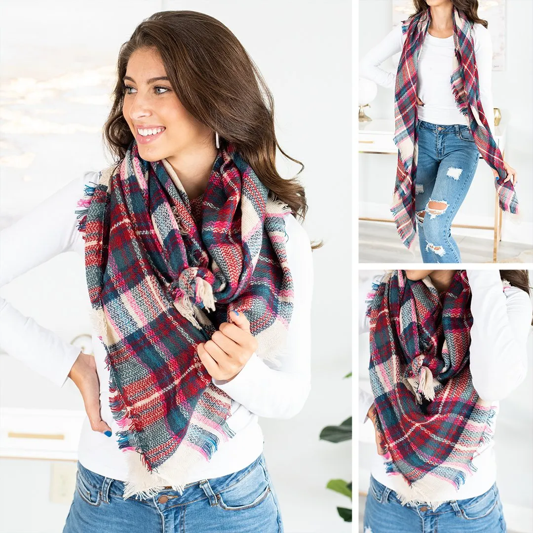 Autumn Air Pink Plaid Blanket Scarf