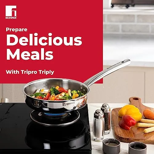 Bergner TriPro TriPly 22 cm Sauté Pan, 2 L Capacity, Stainless Steel Lid, For Curry/Stir-Fry/Deep-Fry/Sauté/Roast, Heat Resistant Handle, Smooth Finished Surface, Induction & Gas Ready, 5-Year Warranty