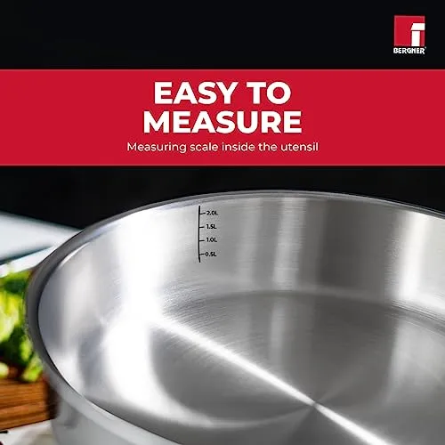 Bergner TriPro TriPly 22 cm Sauté Pan, 2 L Capacity, Stainless Steel Lid, For Curry/Stir-Fry/Deep-Fry/Sauté/Roast, Heat Resistant Handle, Smooth Finished Surface, Induction & Gas Ready, 5-Year Warranty