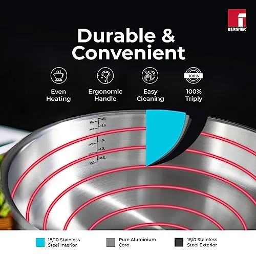 Bergner TriPro TriPly 22 cm Sauté Pan, 2 L Capacity, Stainless Steel Lid, For Curry/Stir-Fry/Deep-Fry/Sauté/Roast, Heat Resistant Handle, Smooth Finished Surface, Induction & Gas Ready, 5-Year Warranty