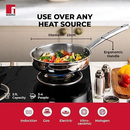 Bergner TriPro TriPly 22 cm Sauté Pan, 2 L Capacity, Stainless Steel Lid, For Curry/Stir-Fry/Deep-Fry/Sauté/Roast, Heat Resistant Handle, Smooth Finished Surface, Induction & Gas Ready, 5-Year Warranty