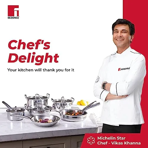 Bergner TriPro TriPly 22 cm Sauté Pan, 2 L Capacity, Stainless Steel Lid, For Curry/Stir-Fry/Deep-Fry/Sauté/Roast, Heat Resistant Handle, Smooth Finished Surface, Induction & Gas Ready, 5-Year Warranty