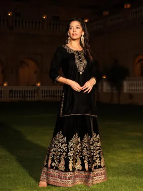 Black Zari Embroidered Velvet Top & Skirt Set With Sequins & Buttons Black Zari Embroidered Velvet Top & Skirt Set With Sequins & Buttons