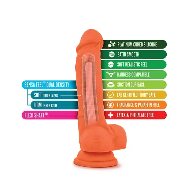Blush Neo Elite 7.5 in. Silicone Dual Density Dildo with Balls & Suction Cup Neon Orange