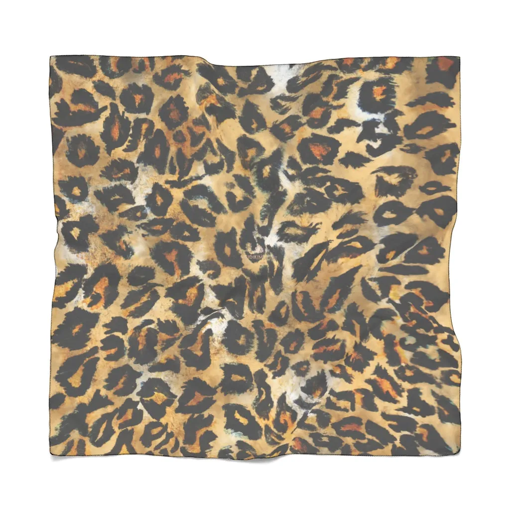 Brown Leopard Poly Scarf, Animal Print Best Soft Women's Scarves Accessories- Made in USA