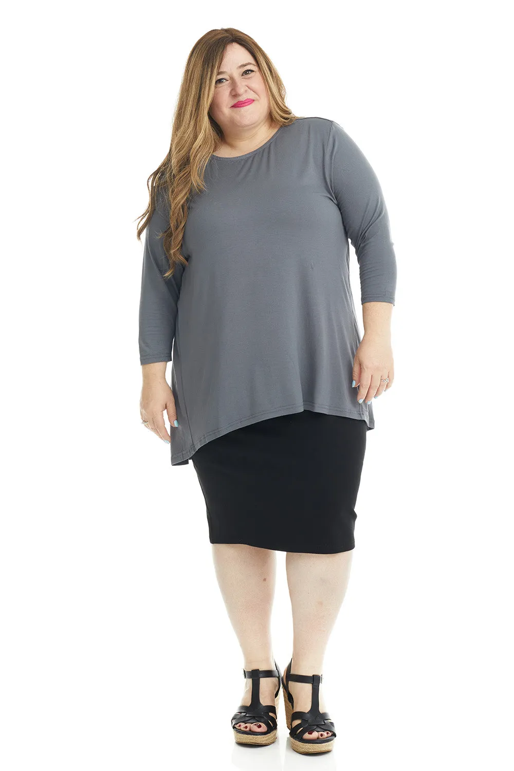 Charcoal 3/4 Sleeve Crewneck Tunic Shirt 'Ivy' Top for Women
