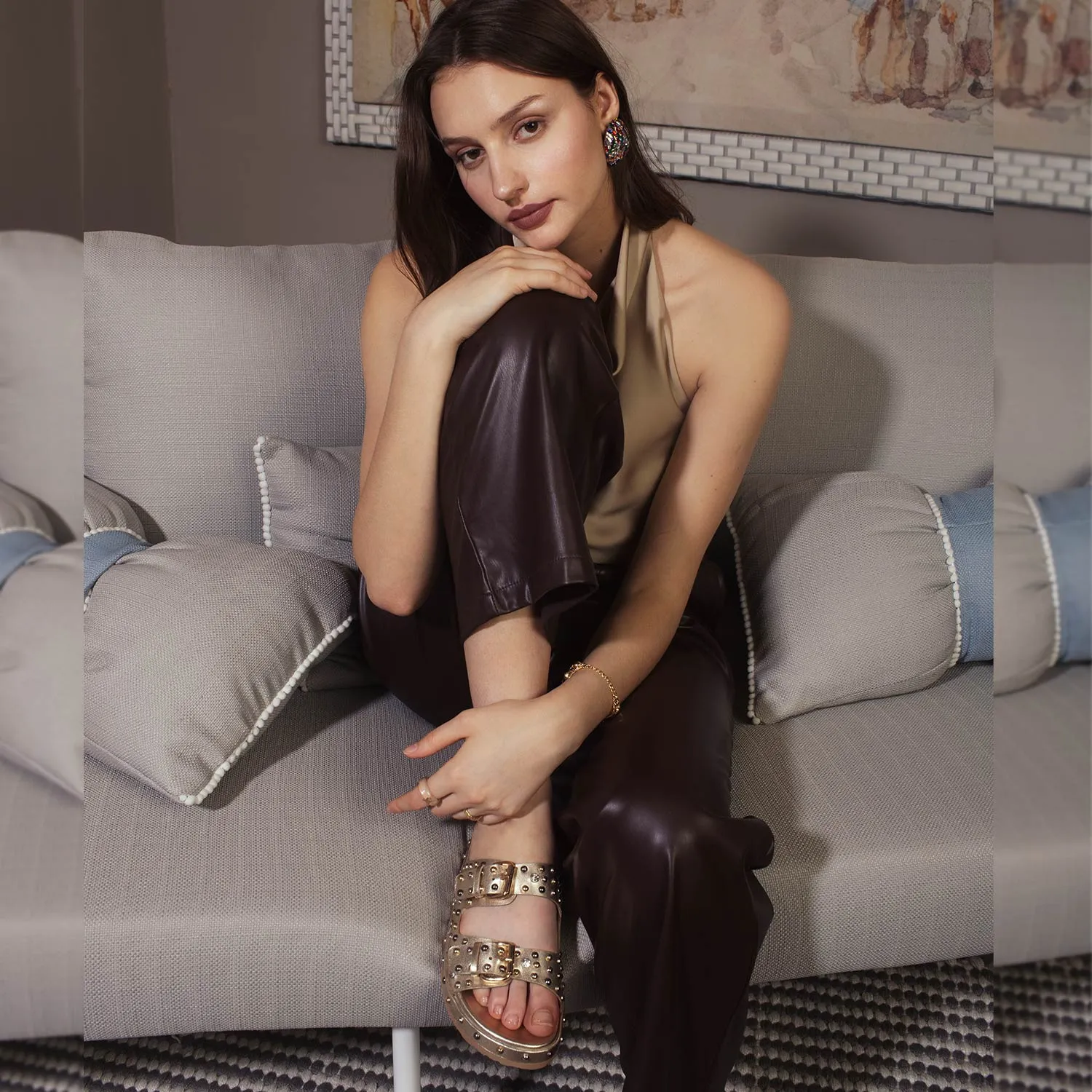 Chloe Studded Double Buckle Platin Leather Sandal