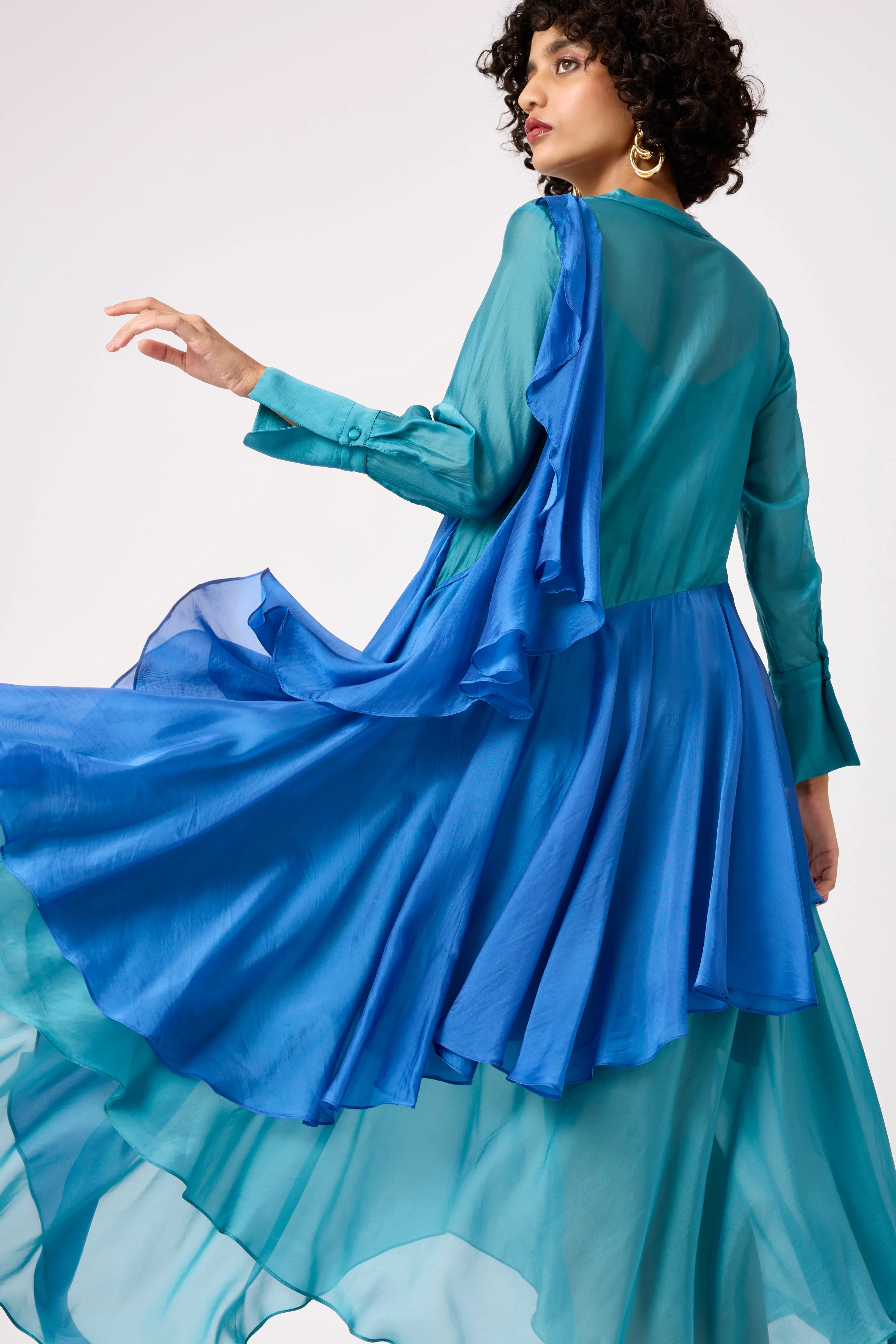 Clive Organza Shirt Dress - Turquoise & Azure Blue
