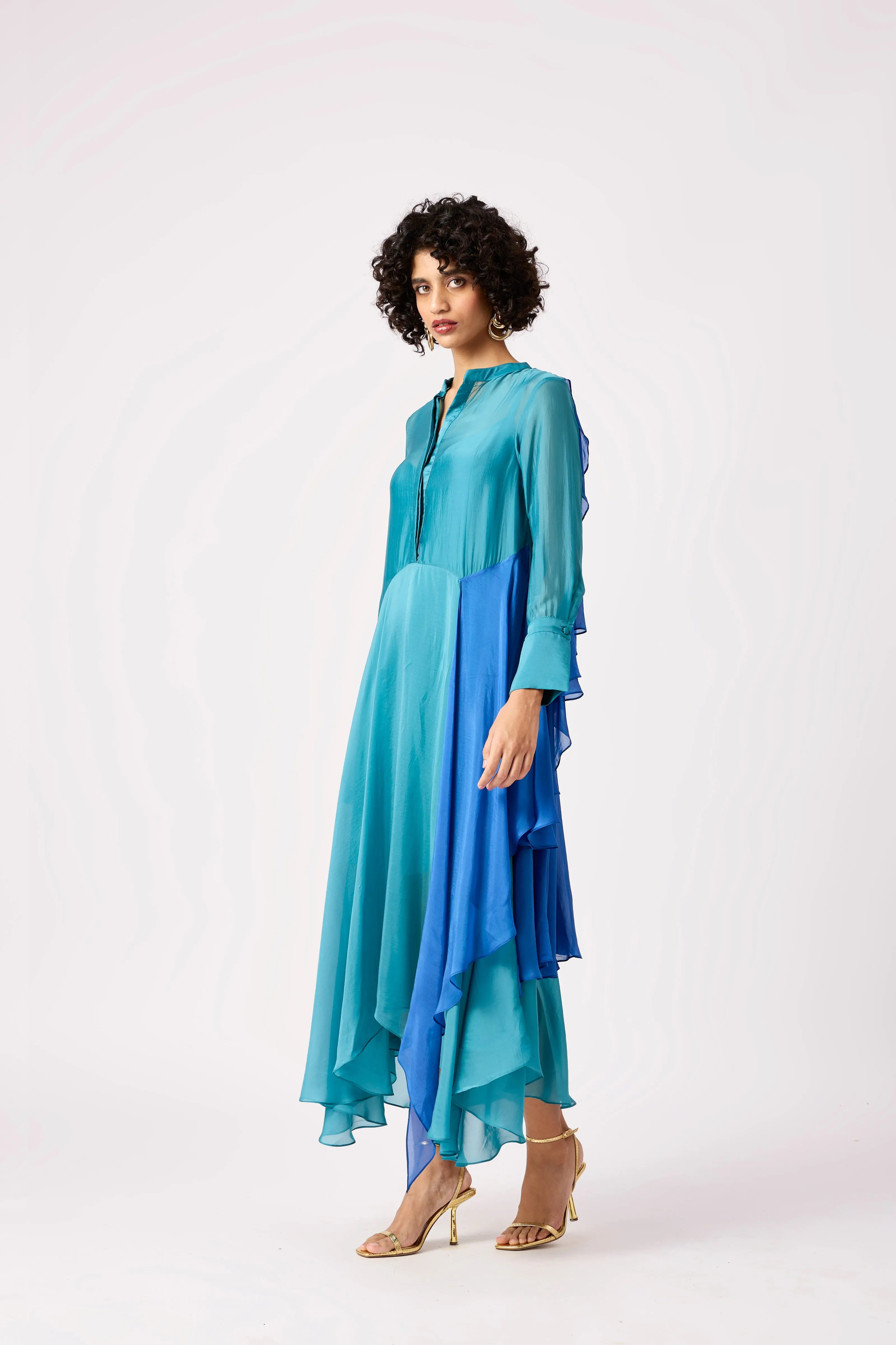 Clive Organza Shirt Dress - Turquoise & Azure Blue
