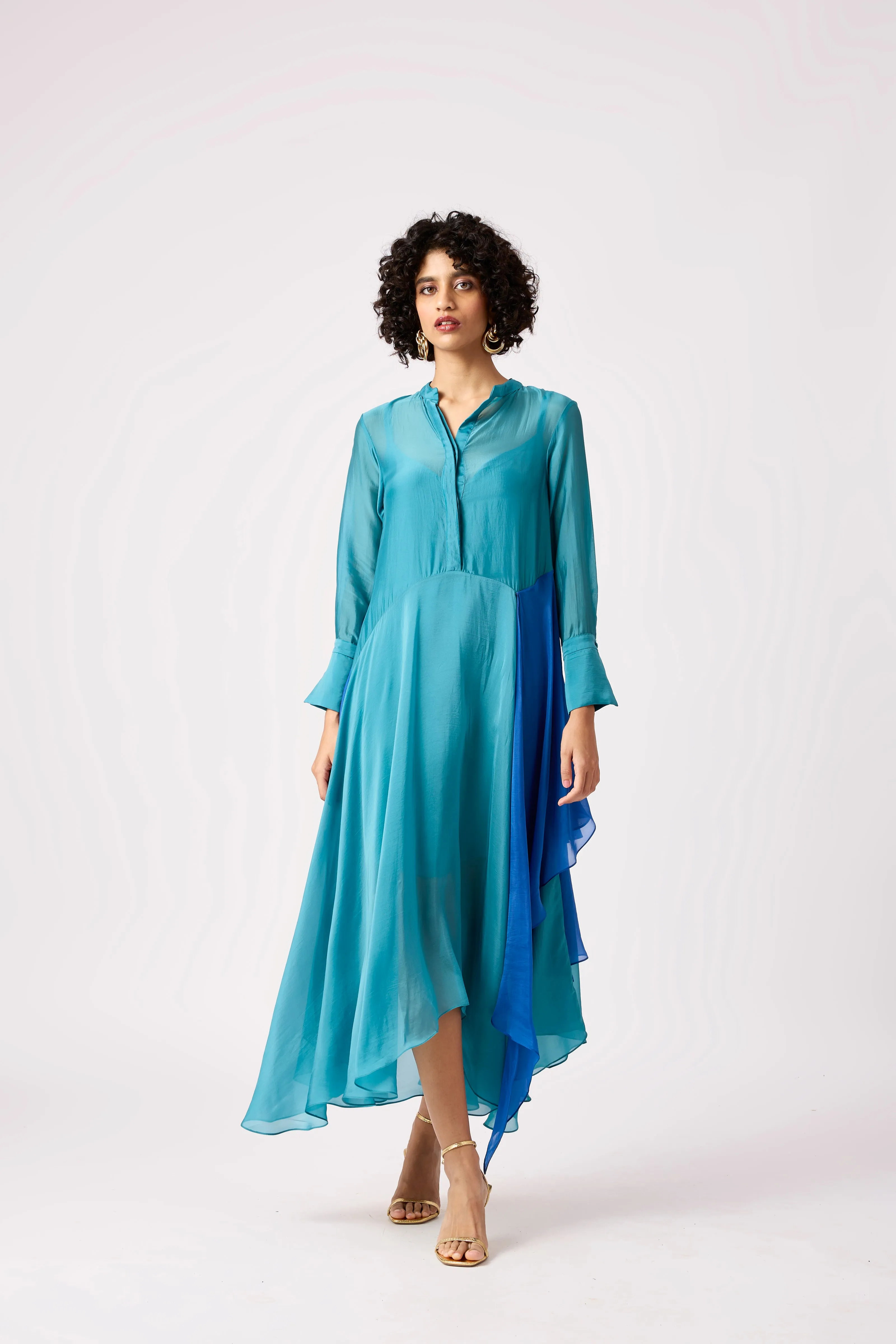Clive Organza Shirt Dress - Turquoise & Azure Blue