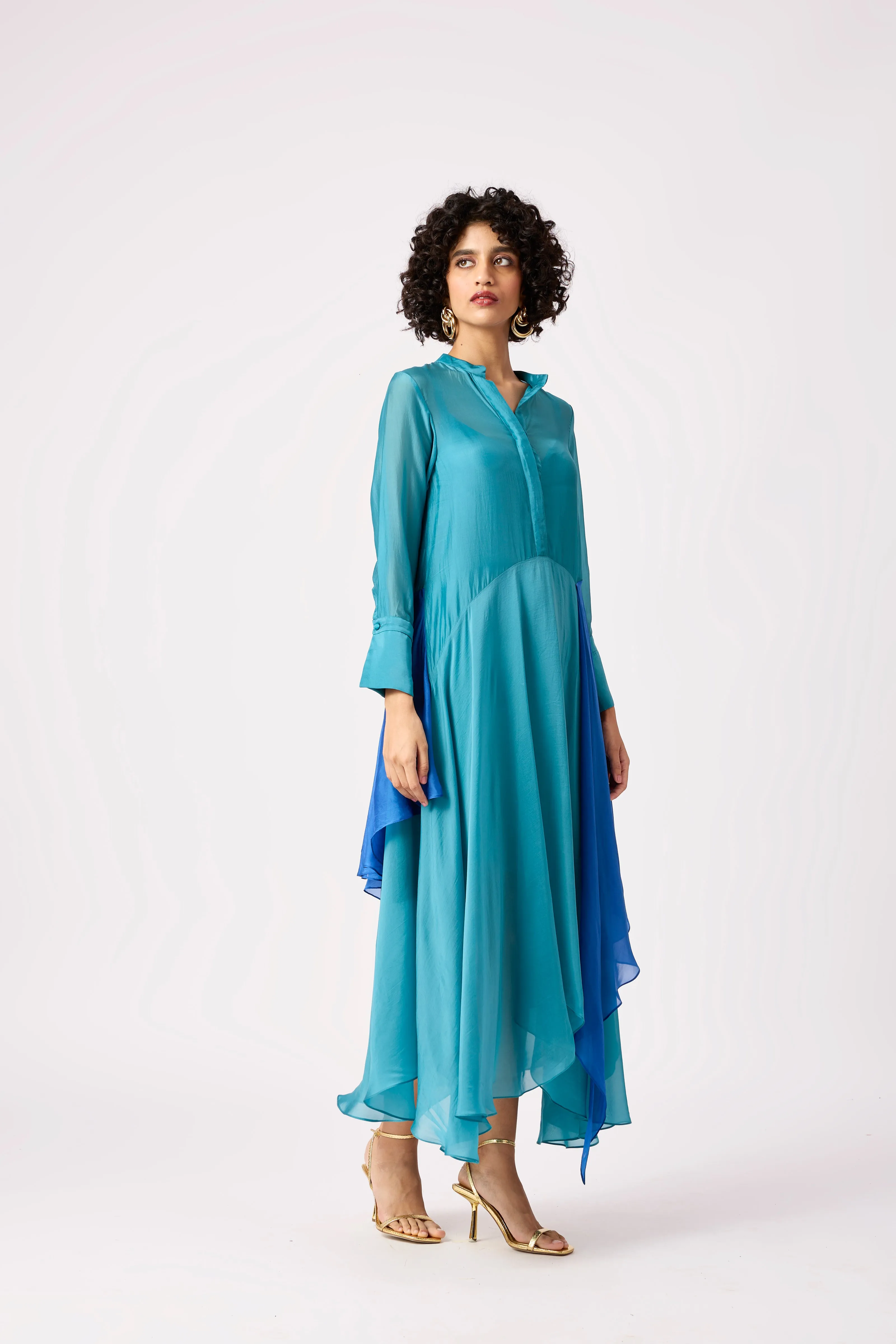 Clive Organza Shirt Dress - Turquoise & Azure Blue