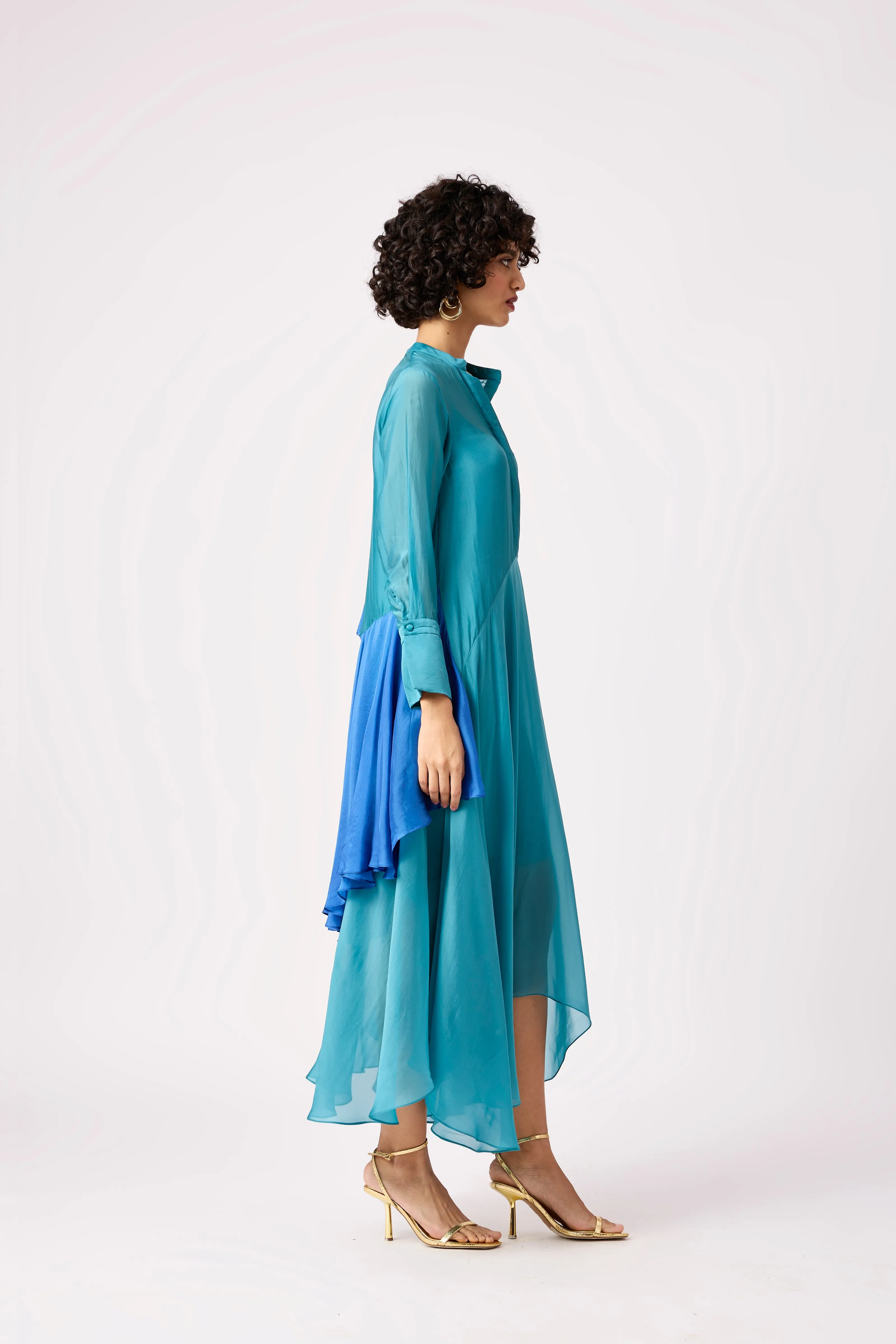 Clive Organza Shirt Dress - Turquoise & Azure Blue