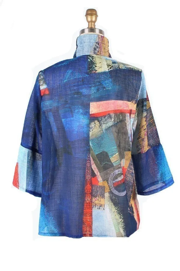Damee Abstract Art Print Button Patch Jacket in Blue - 4879