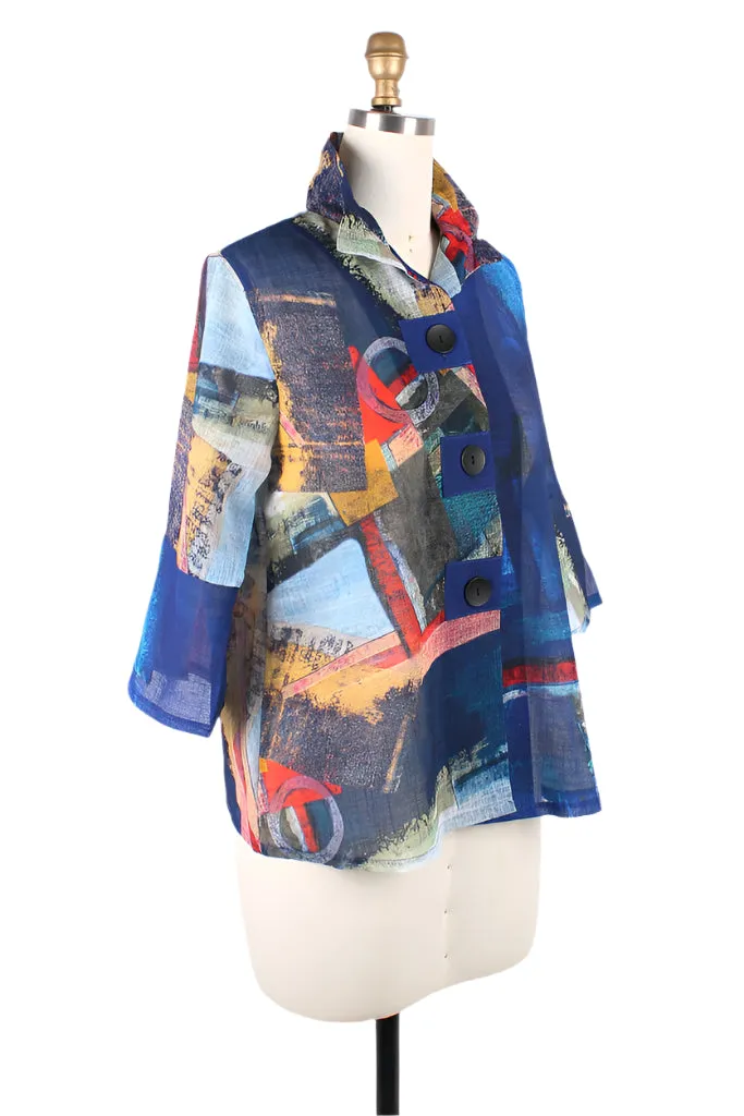 Damee Abstract Art Print Button Patch Jacket in Blue - 4879