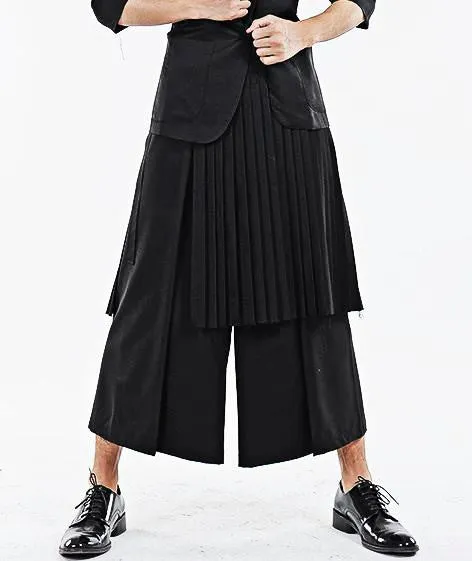 Dark Black Men's Pleats Wrap Skirt //  Wear it with Drop Crotch Pants