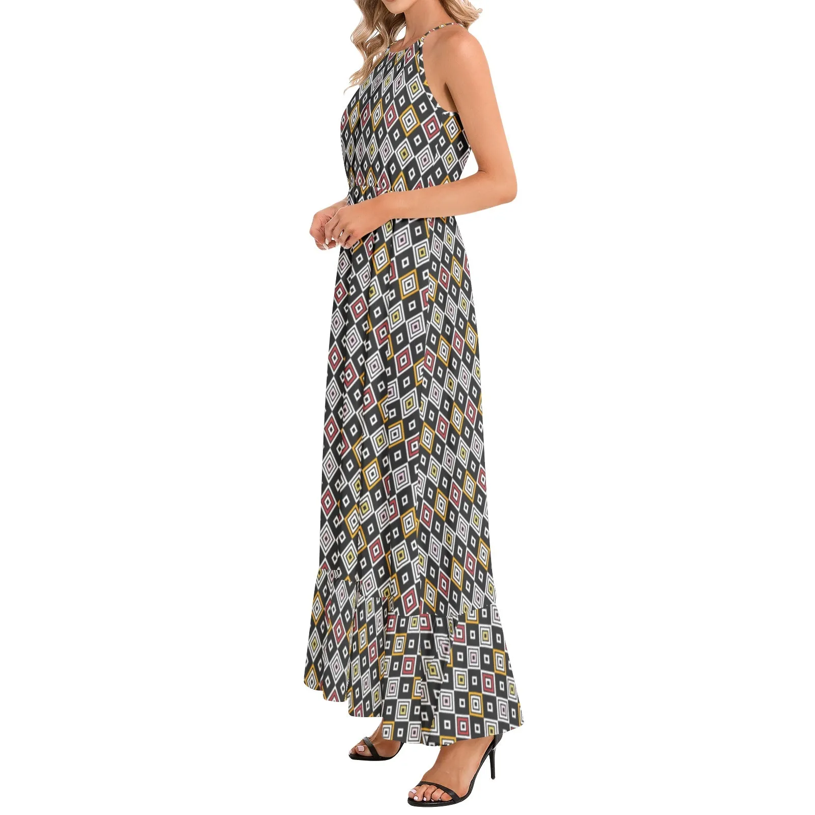 Diamond Ruffle Hem Halter Neck Maxi Dress