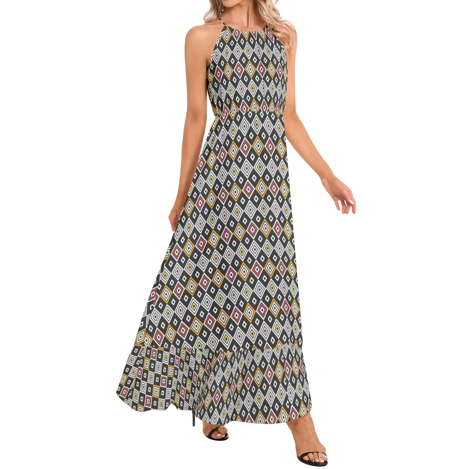 Diamond Ruffle Hem Halter Neck Maxi Dress