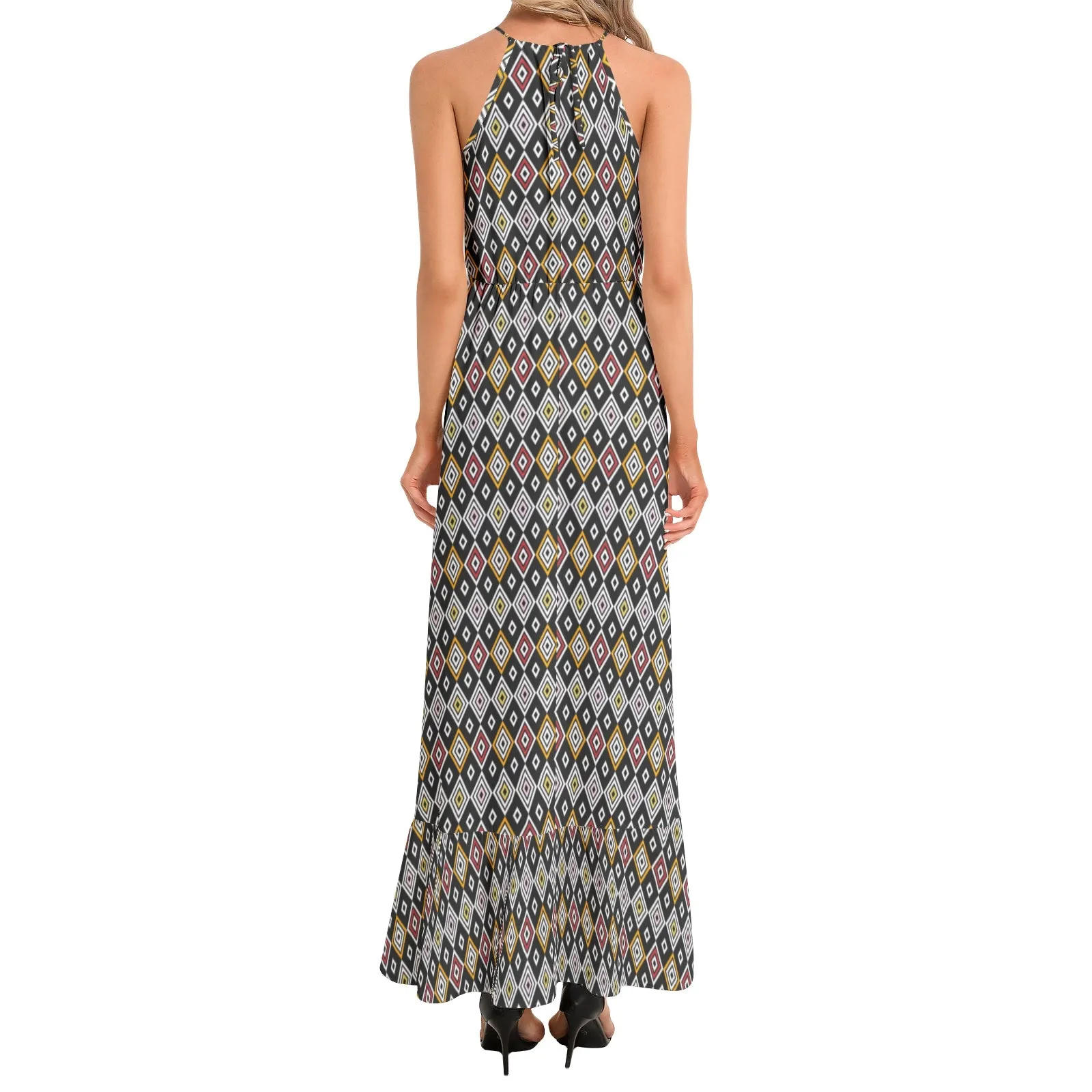 Diamond Ruffle Hem Halter Neck Maxi Dress
