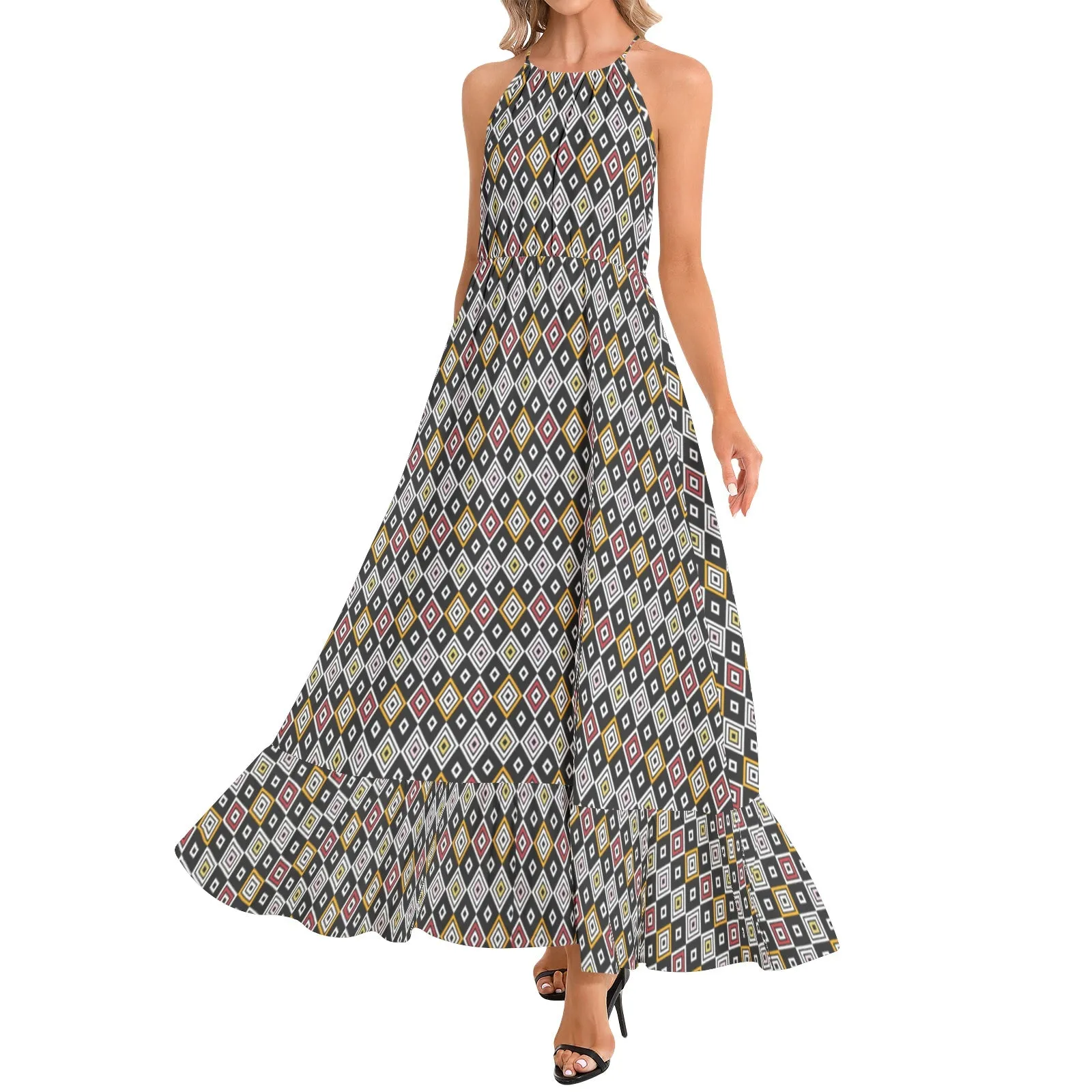 Diamond Ruffle Hem Halter Neck Maxi Dress