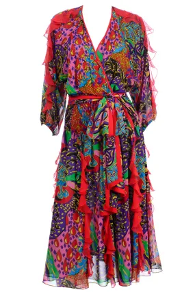 Diane Freis Multi Colored Bold Print Beaded Vintage Dress w Ruffled Sleeves