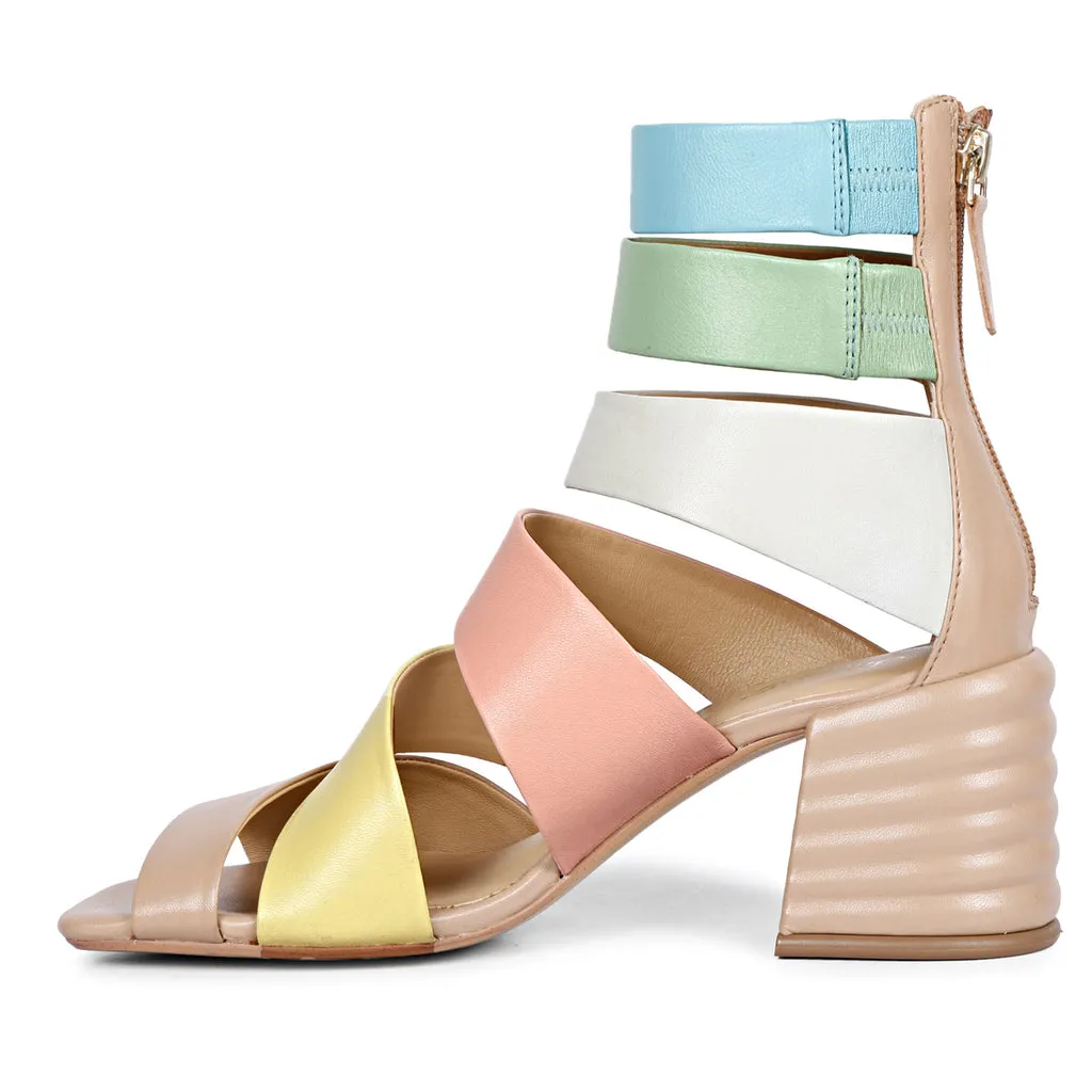 Elena Multi Leather Handcrafted Strappy Block Heels