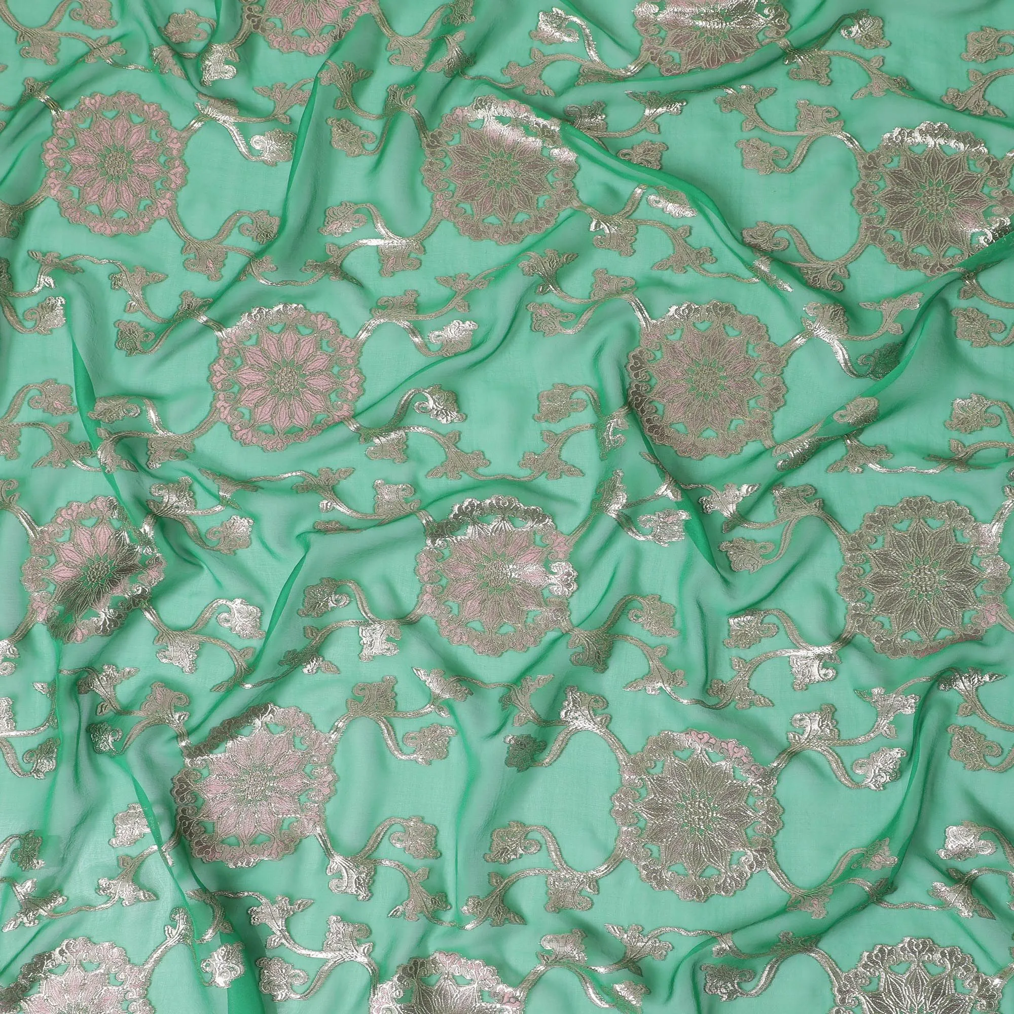 Emerald Green Paisley Premium pure silk Chiffon Fabric with Silver Highlights, 110cm Wide - Exquisite South Korean Textile-D17672