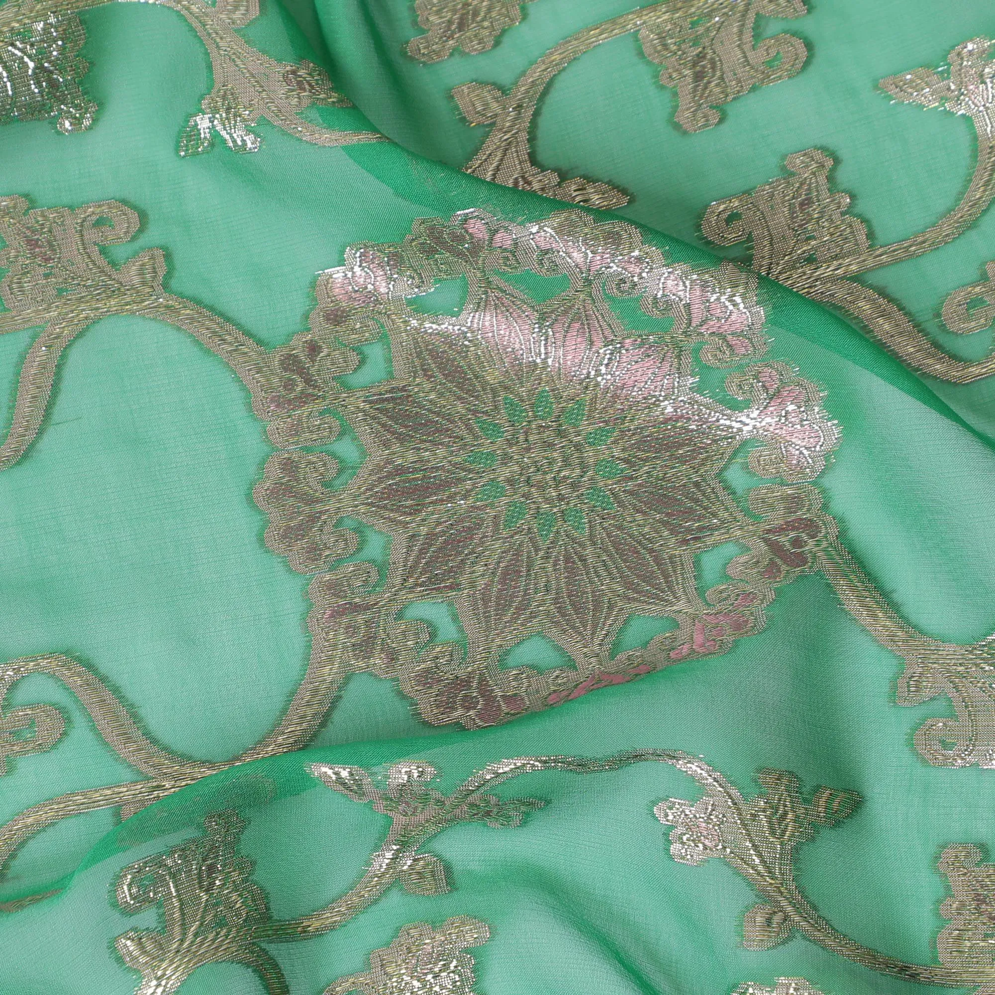 Emerald Green Paisley Premium pure silk Chiffon Fabric with Silver Highlights, 110cm Wide - Exquisite South Korean Textile-D17672