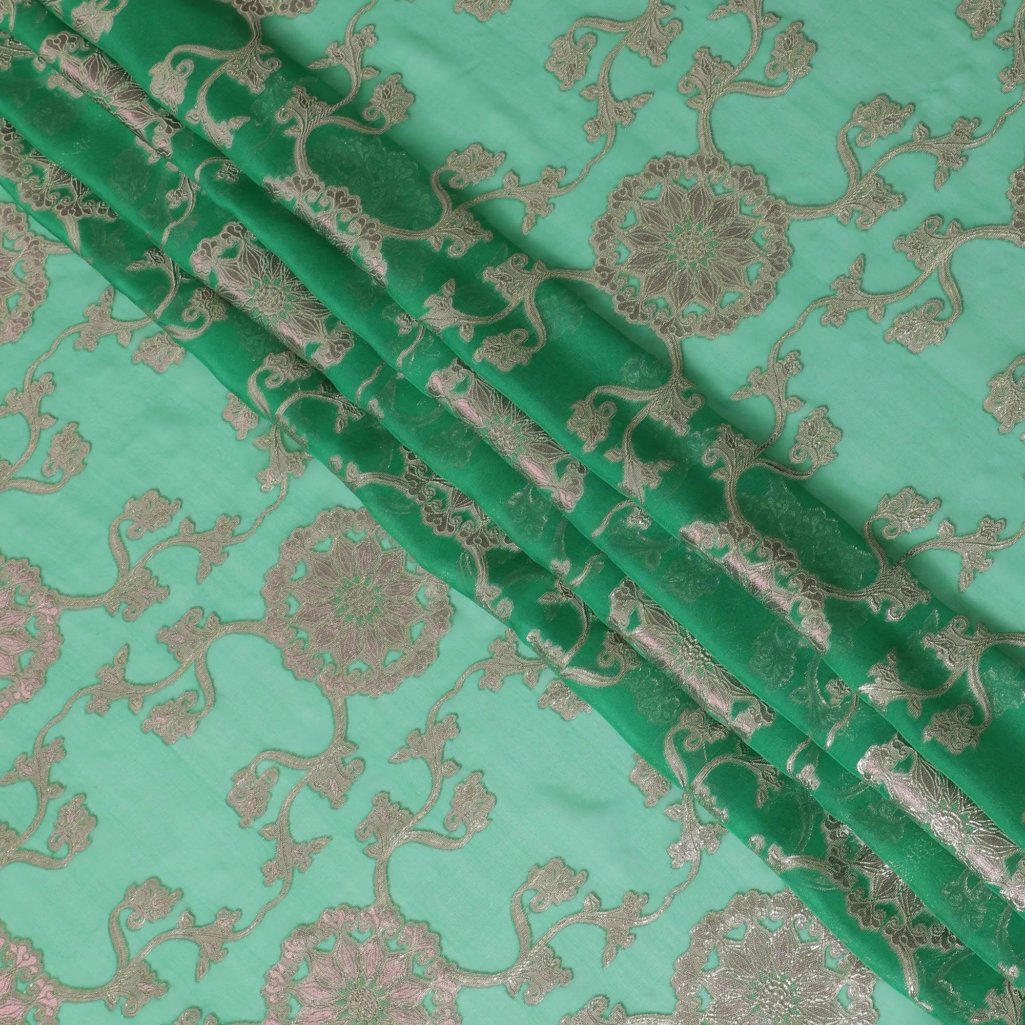 Emerald Green Paisley Premium pure silk Chiffon Fabric with Silver Highlights, 110cm Wide - Exquisite South Korean Textile-D17672