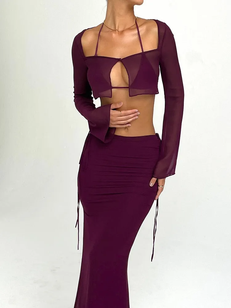Fashionkova  2022 Summer Y2K See Through Dress Sets Women Long Sleeve Cardigan Crop Top Maxi Skirt 2 Pieces Sets Outfits Co-Ord Sets