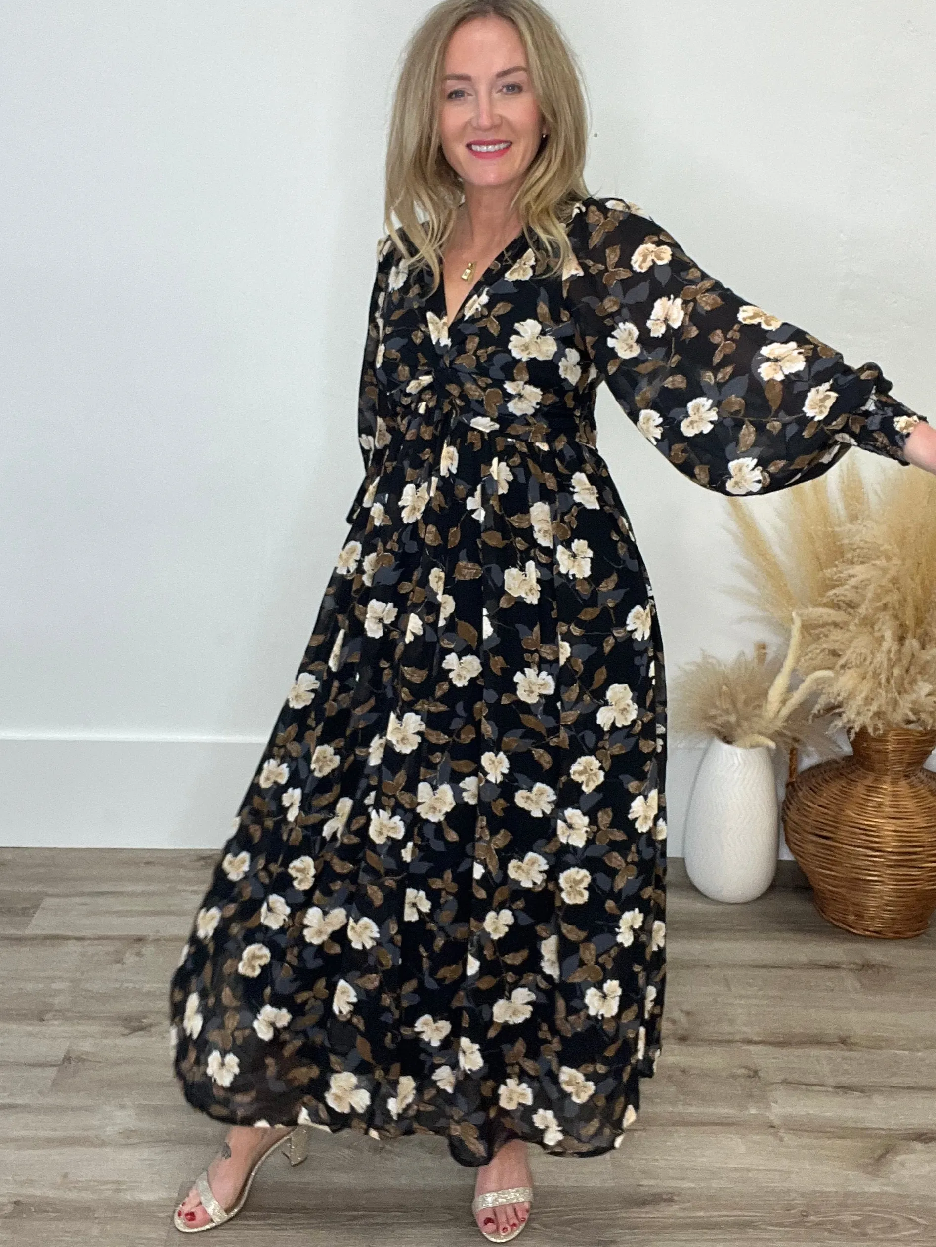 Floral Twist Wrap Maxi Dress - Black