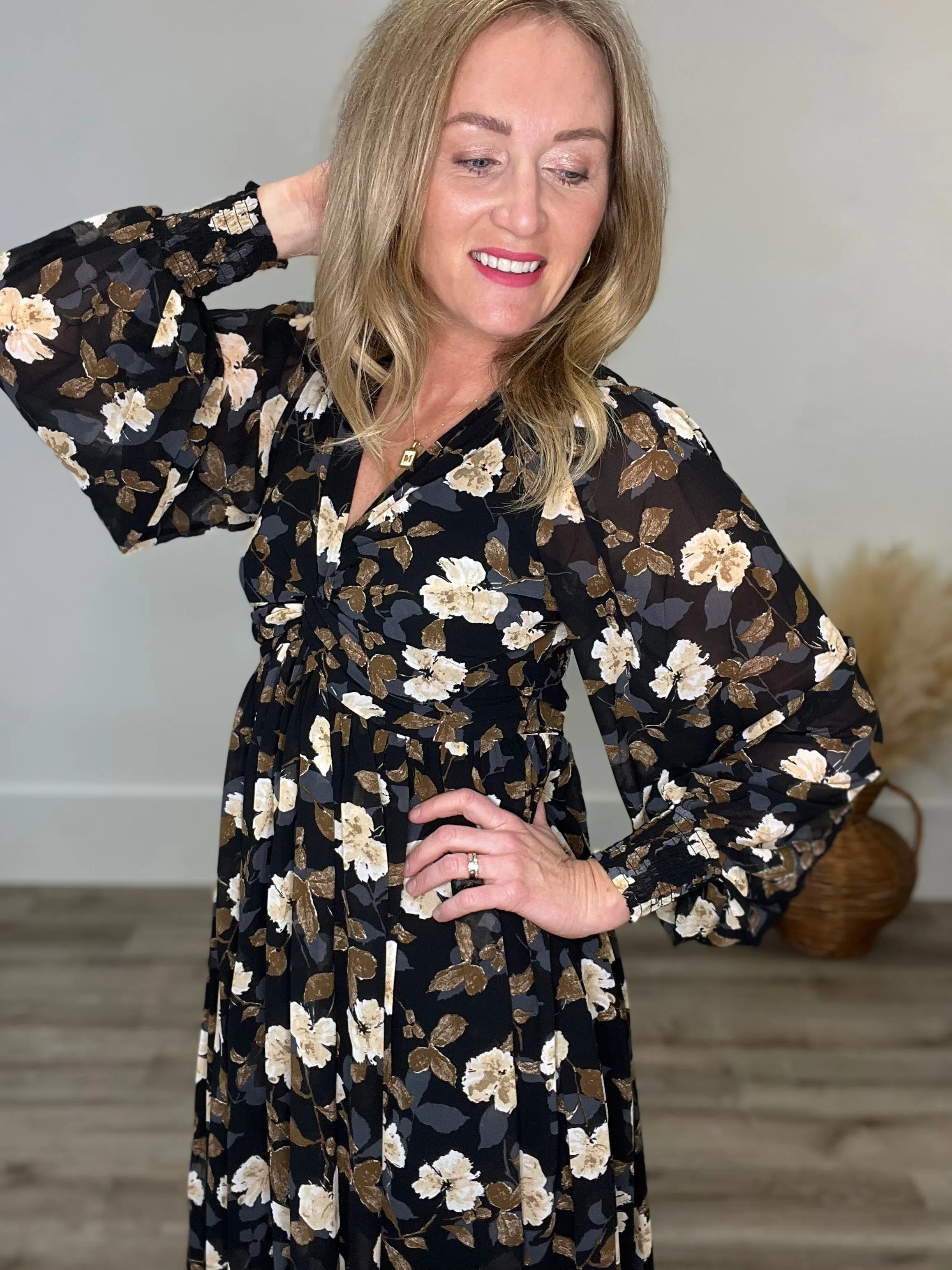 Floral Twist Wrap Maxi Dress - Black