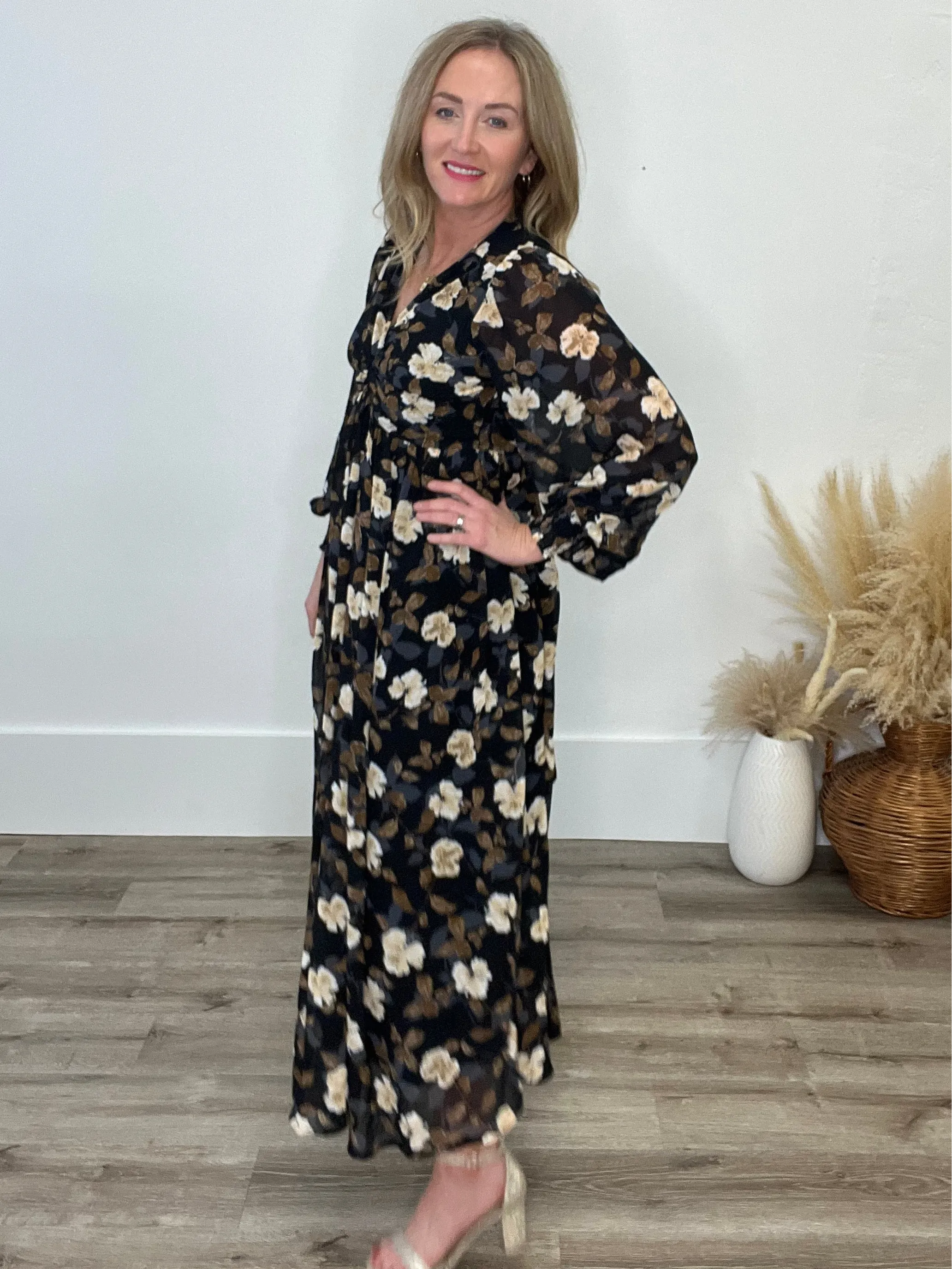 Floral Twist Wrap Maxi Dress - Black