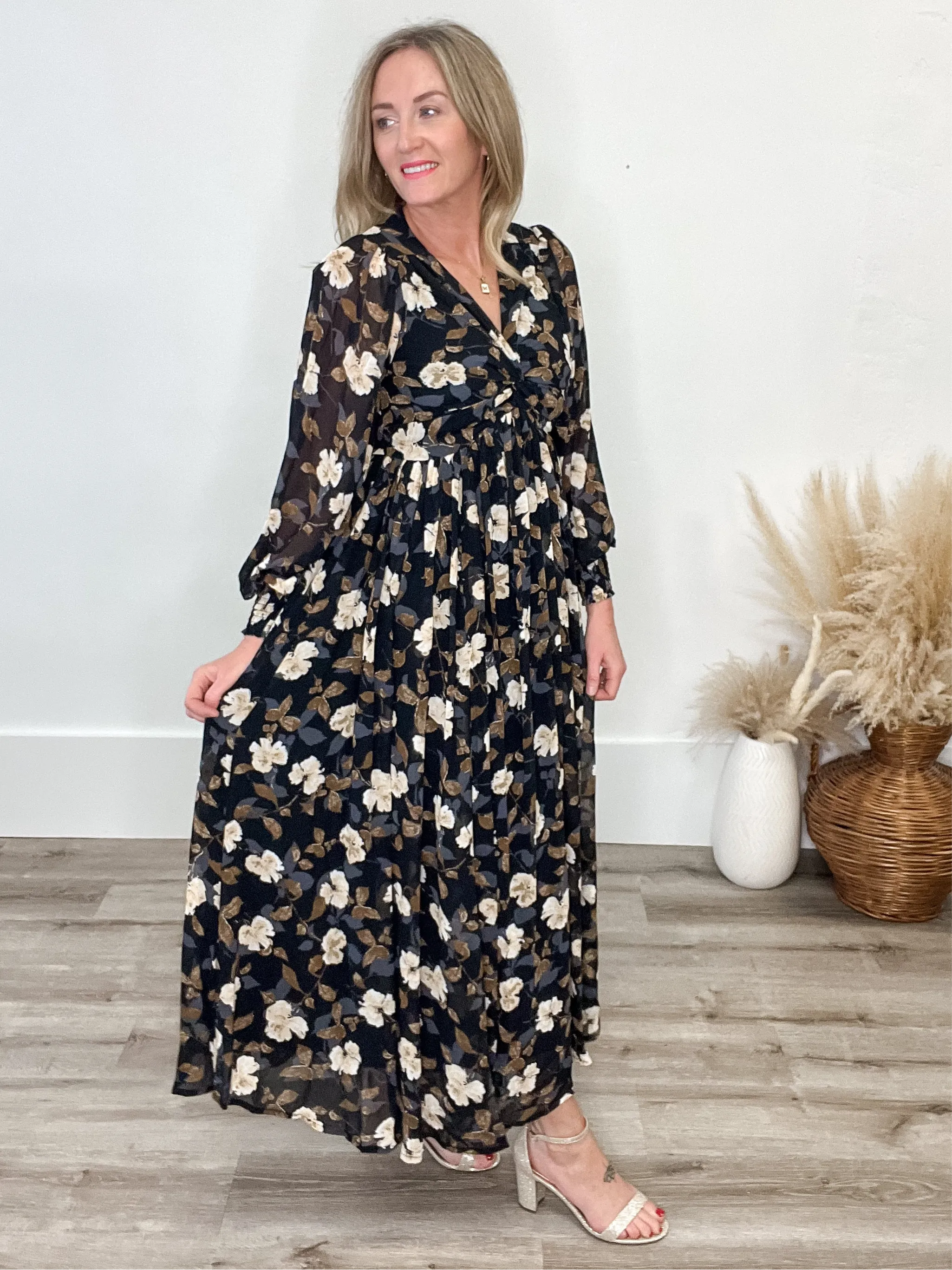 Floral Twist Wrap Maxi Dress - Black
