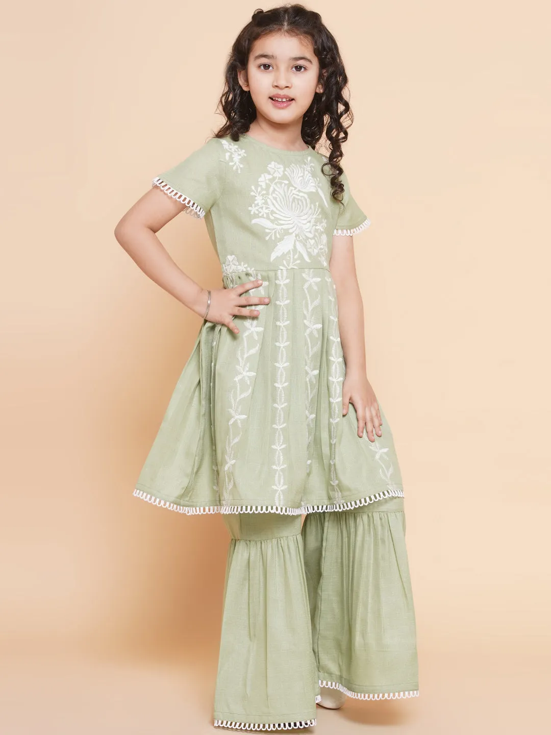 Girls Light Green Floral Embroidered Kurta With Sharara