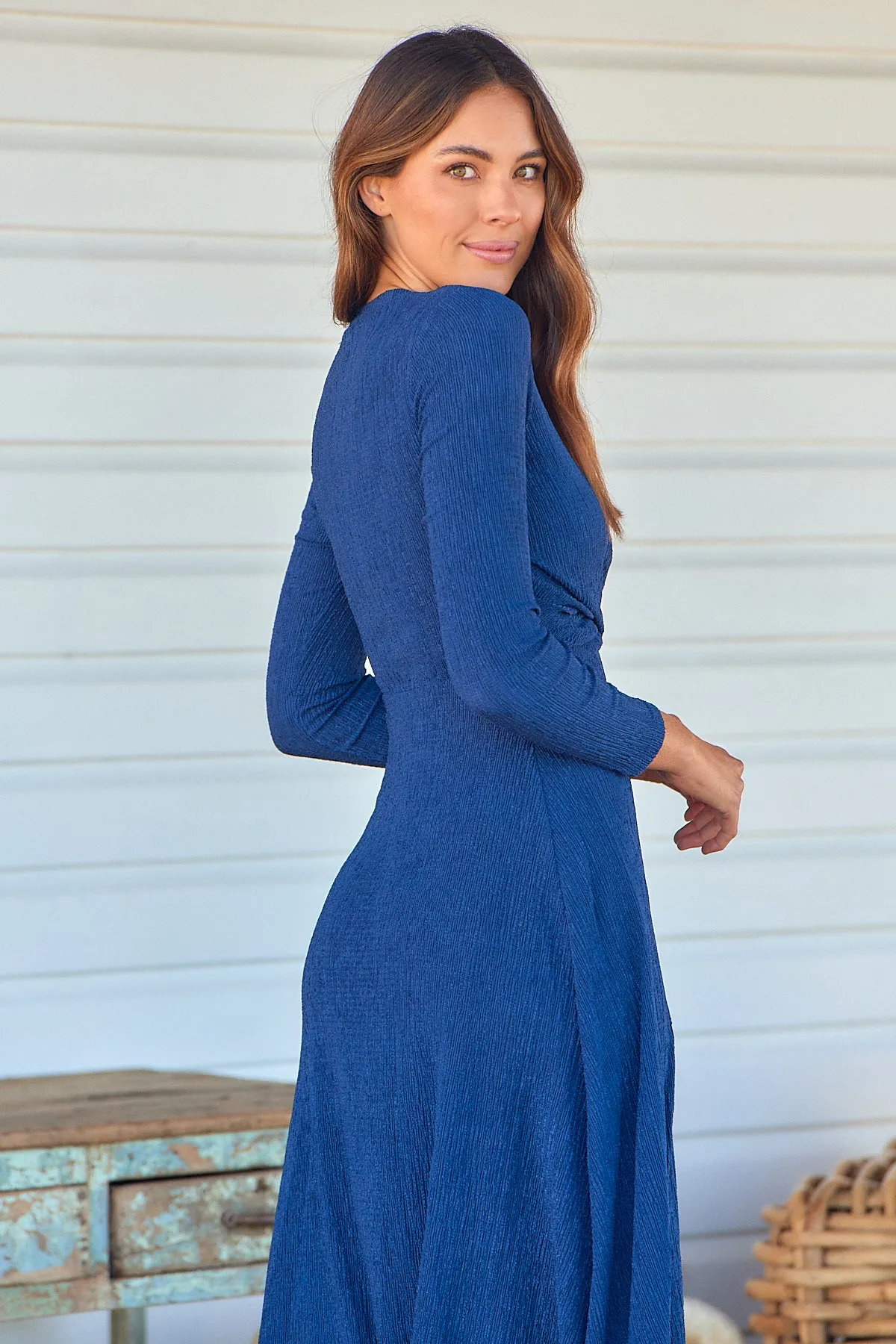 Kendra Navy Long Sleeve Knot Front Evening Dress