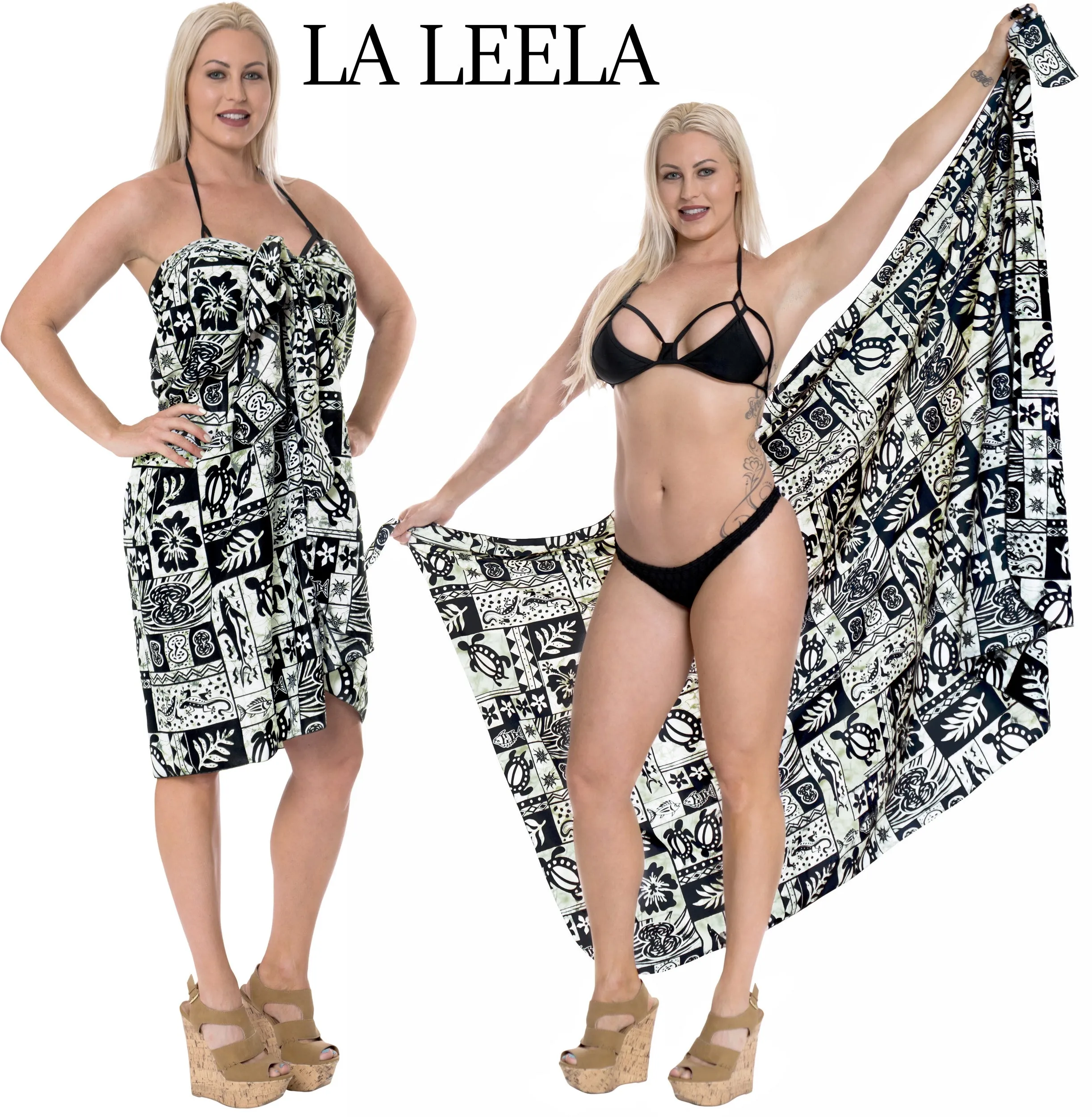 LA LEELA Women's Sarong Swimsuit Cover Up Summer Beach Wrap One Size Black_E436